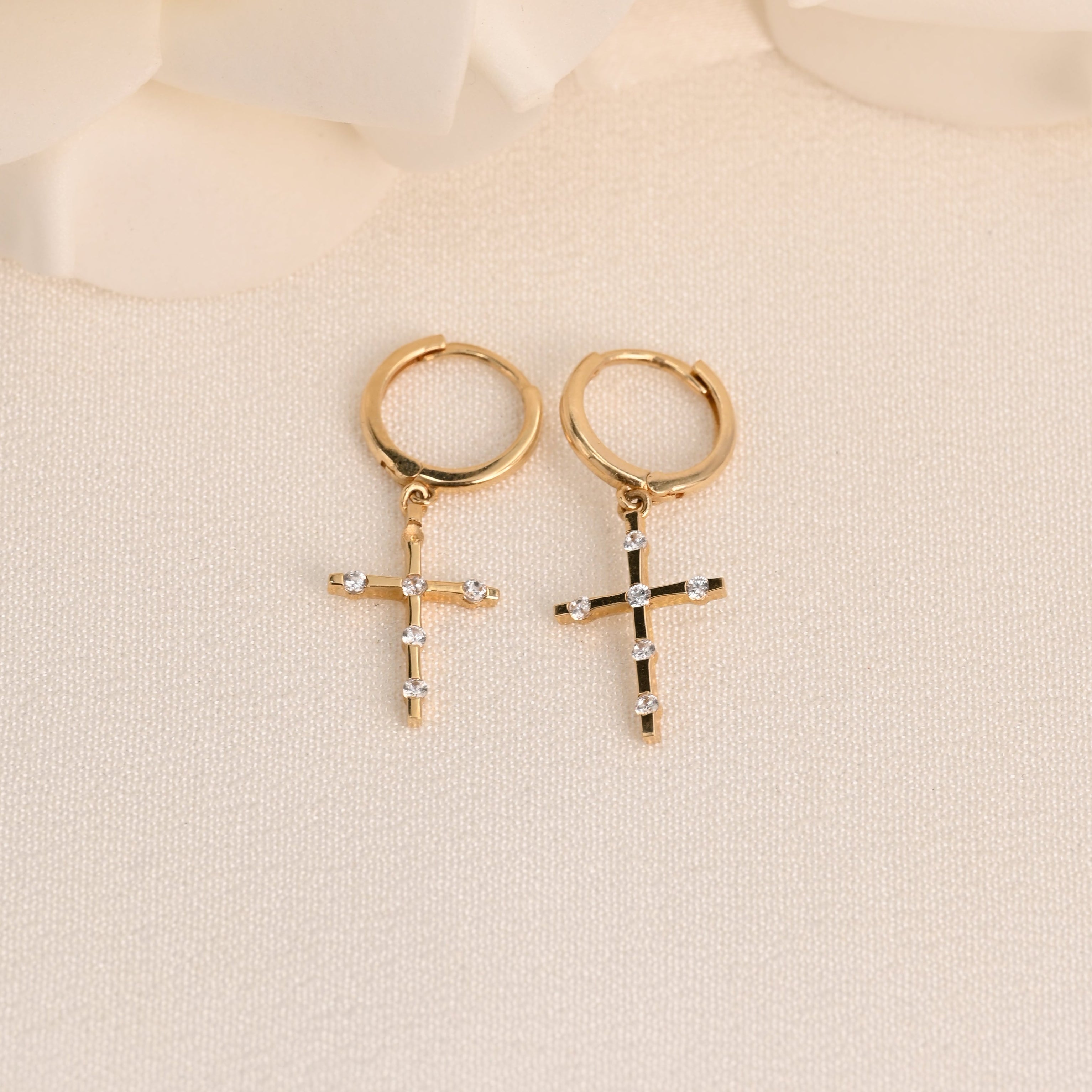 14K CZ Cross Huggie Earrings