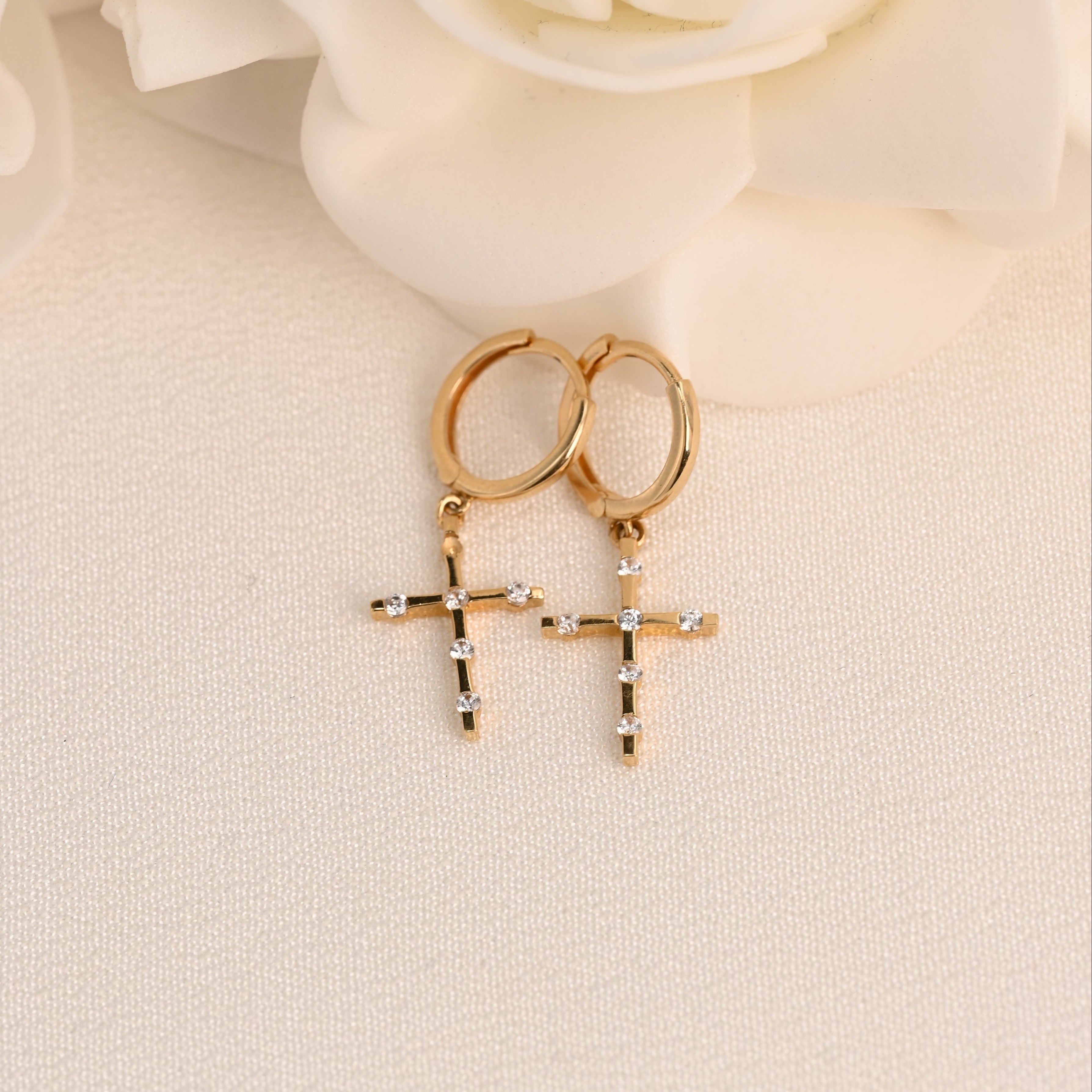 14K CZ Cross Huggie Earrings