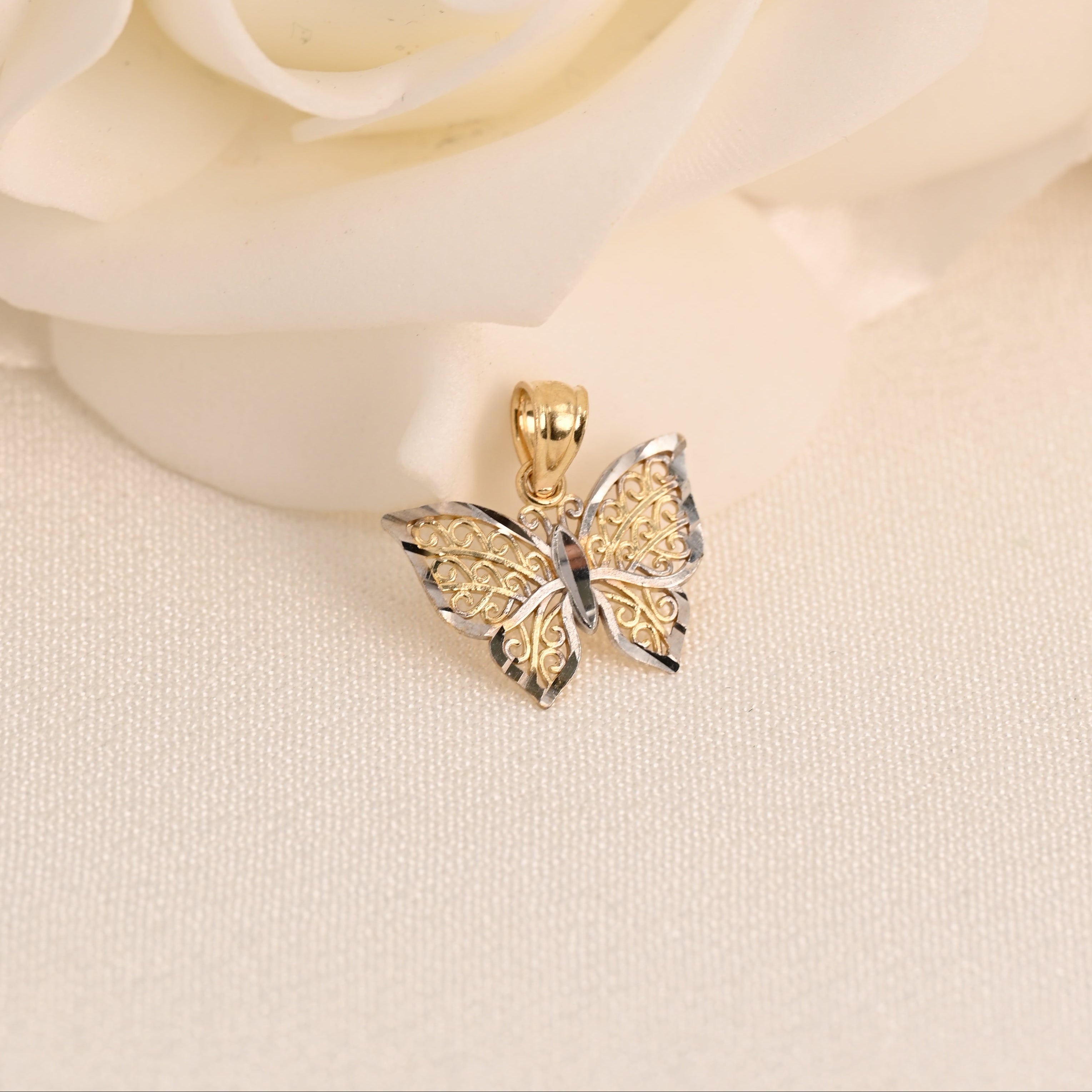 14k Two-Tone Filigree Butterfly Pendant
