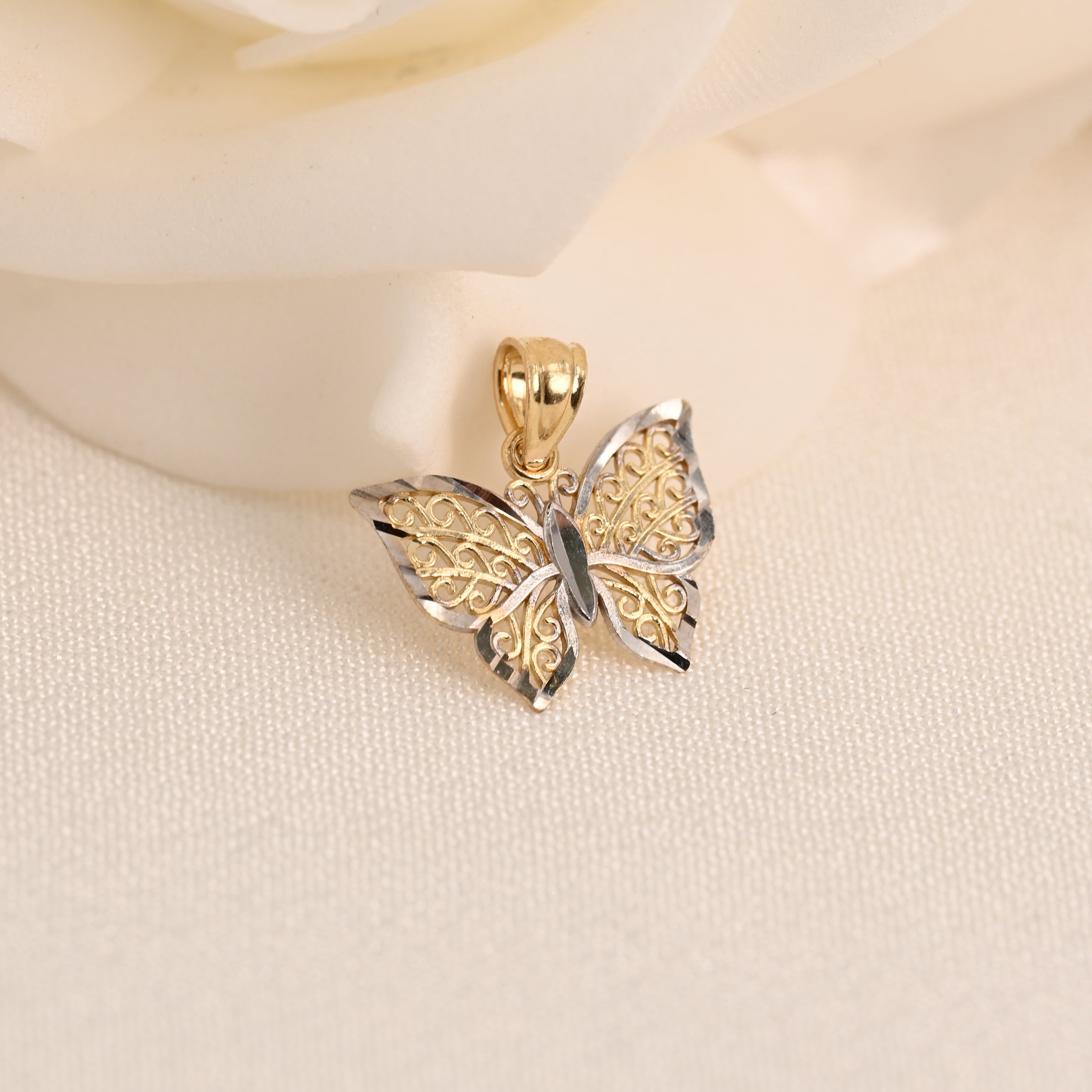 14k Two-Tone Filigree Butterfly Pendant