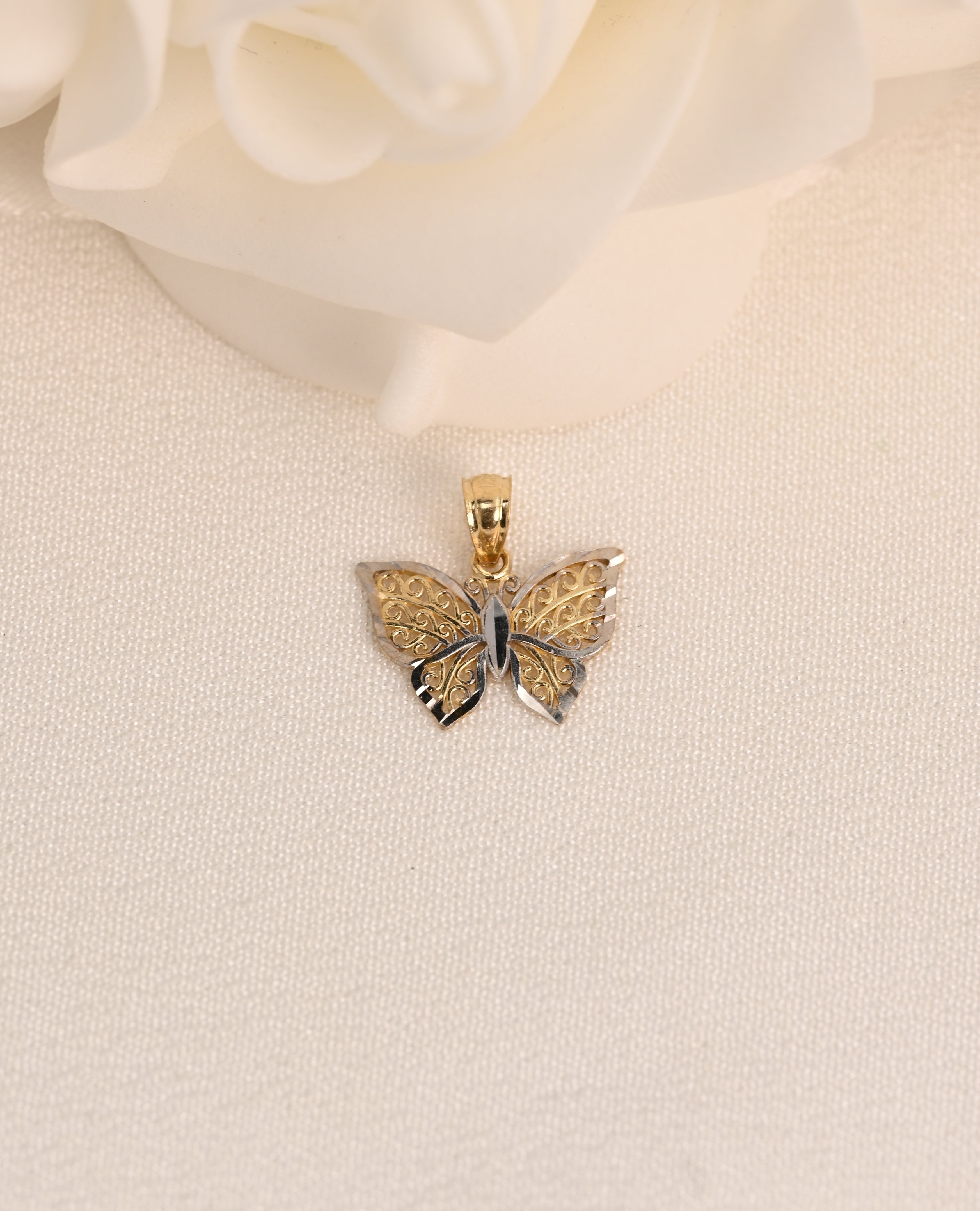 14k Two-Tone Filigree Butterfly Pendant