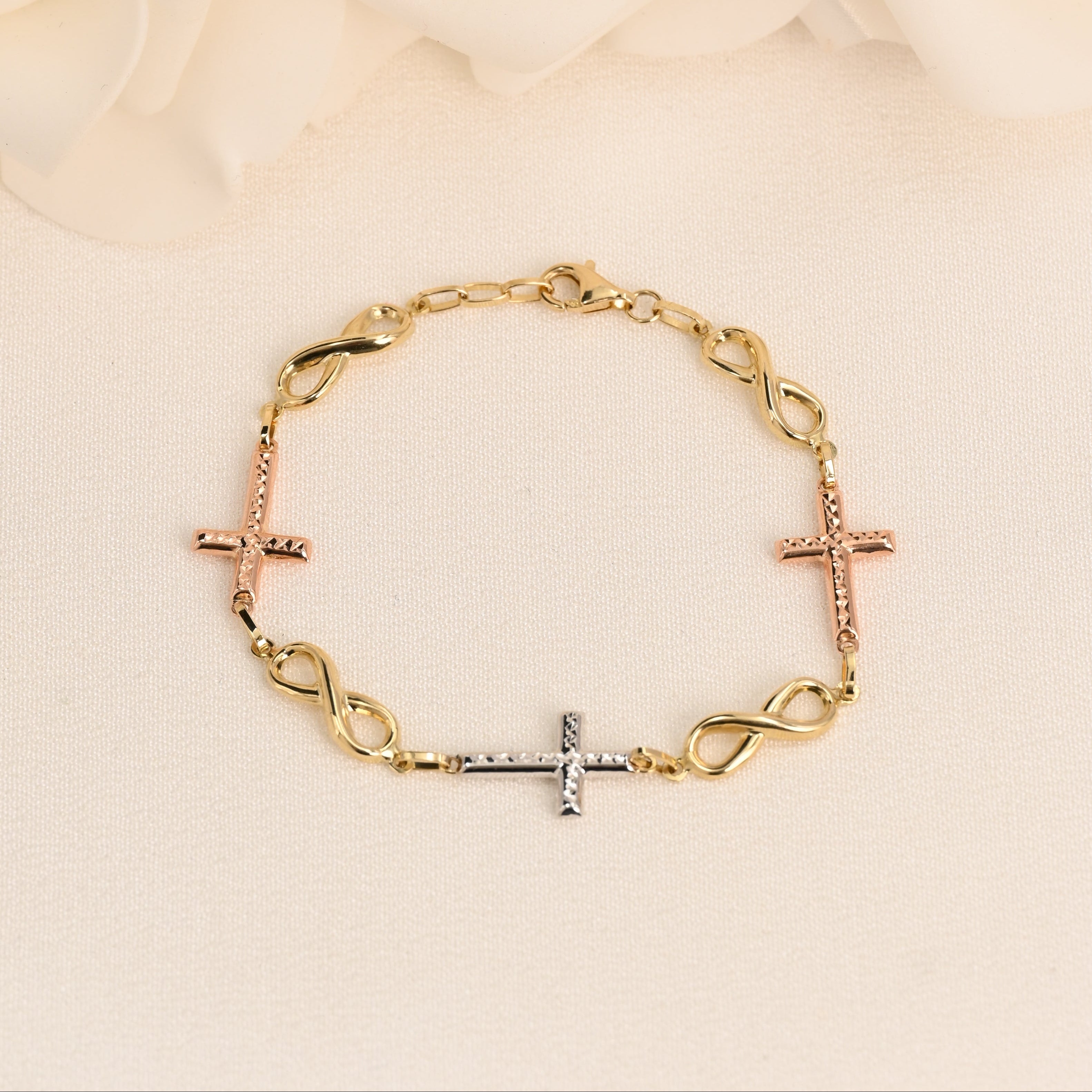 14K Tri-Color Cross & Infinity Link Bracelet