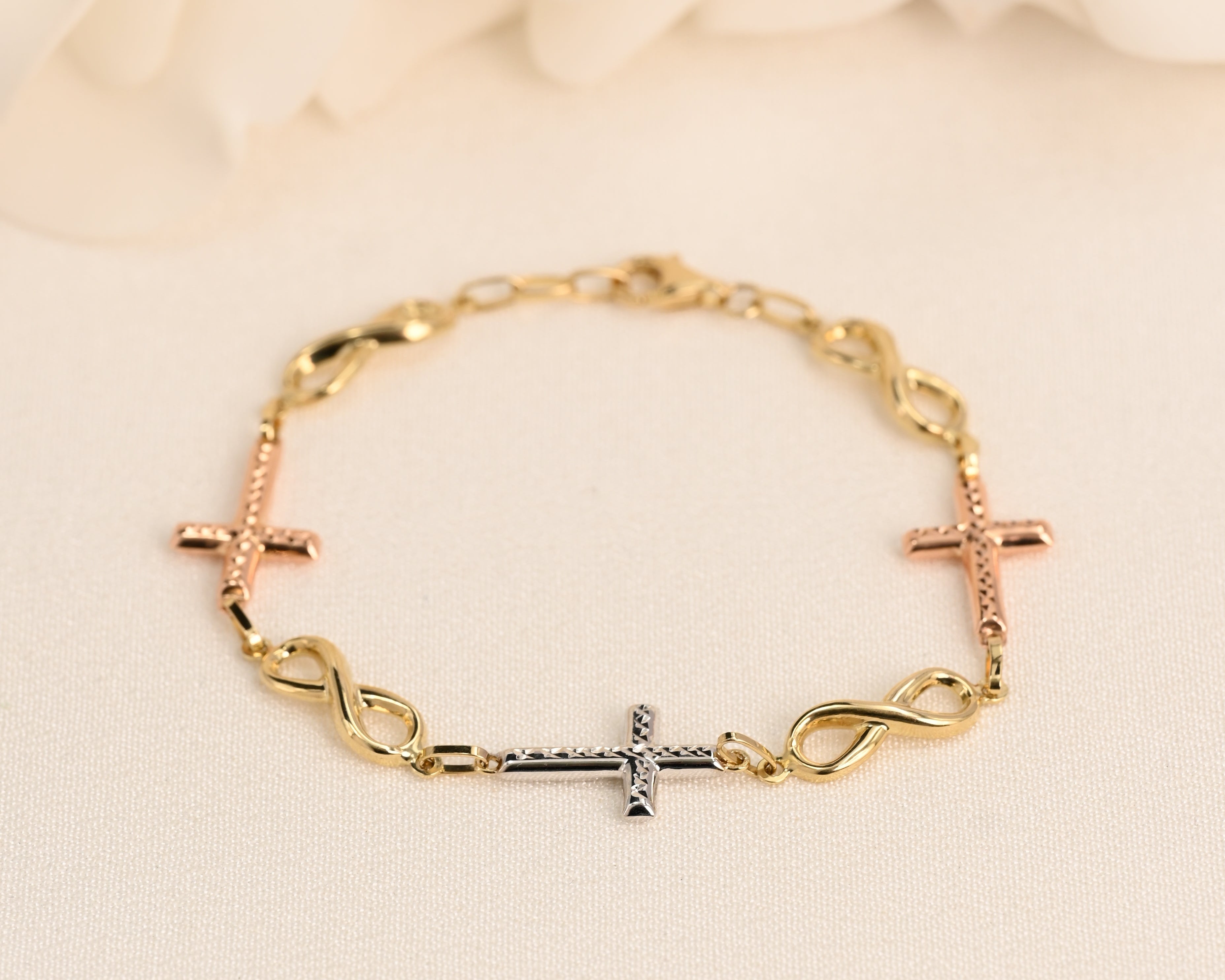 14K Tri-Color Cross & Infinity Link Bracelet