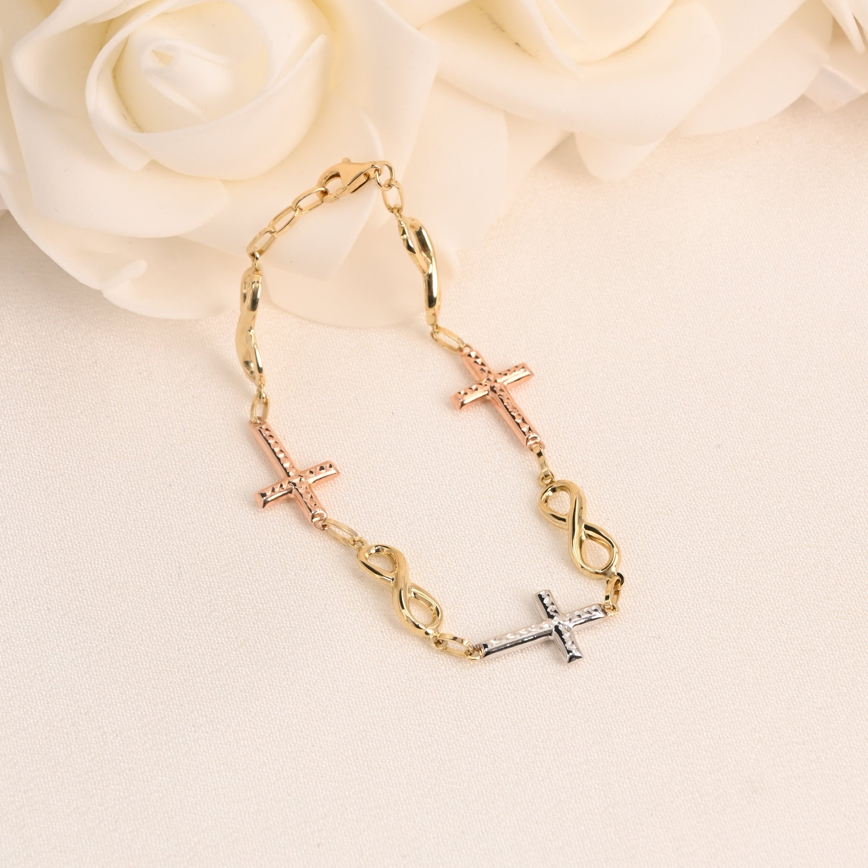14K Tri-Color Cross & Infinity Link Bracelet