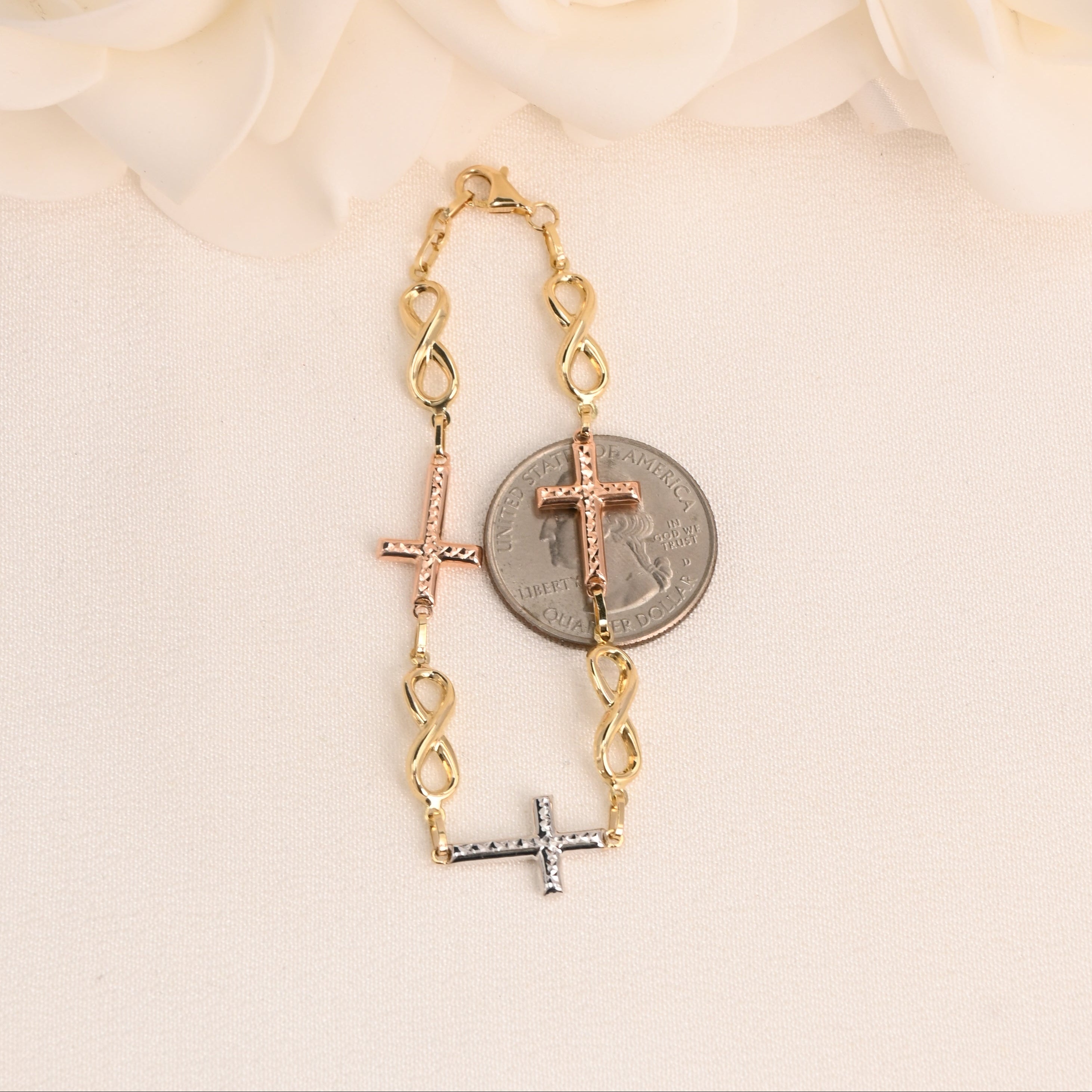 14K Tri-Color Cross & Infinity Link Bracelet