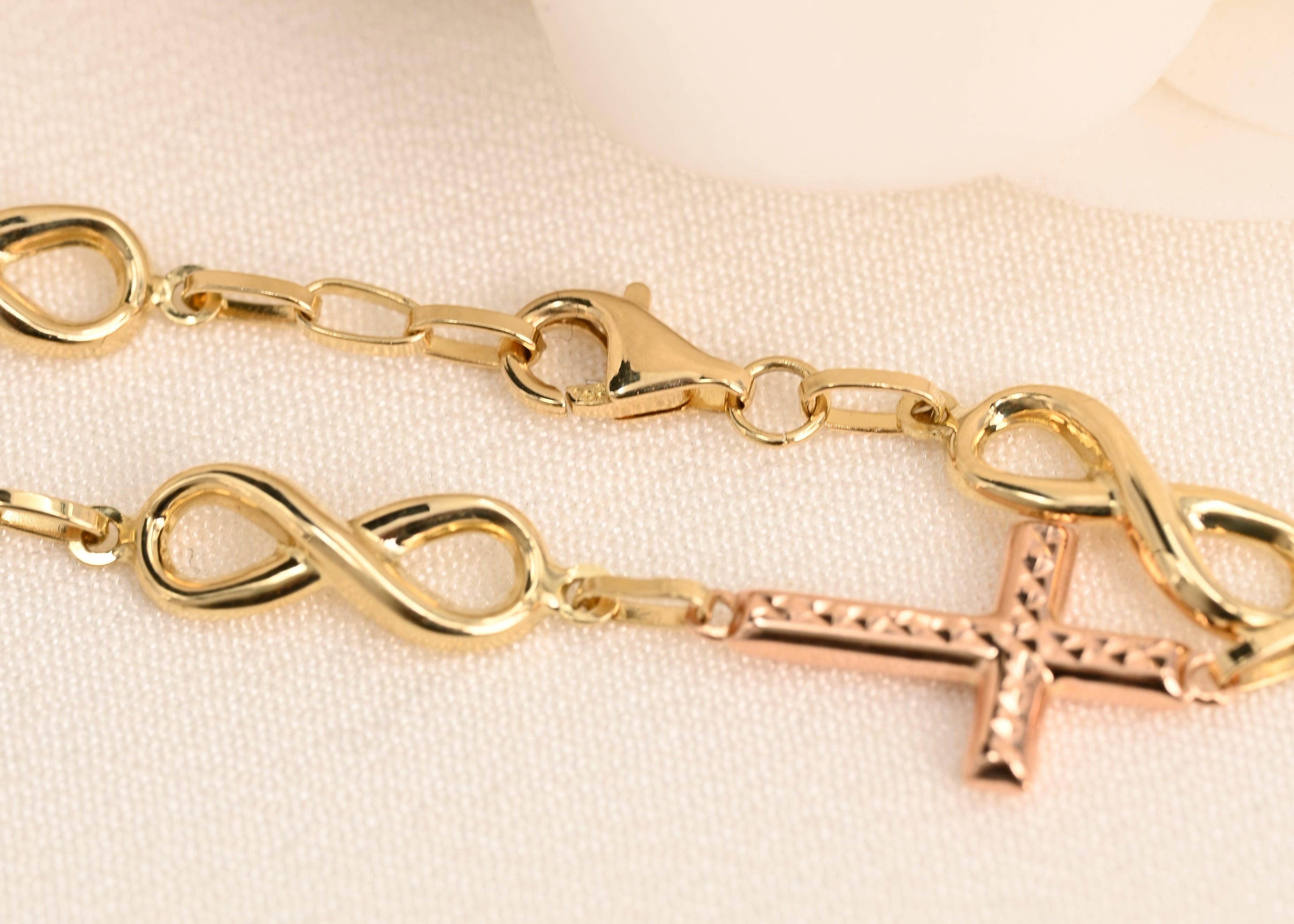 14K Tri-Color Cross & Infinity Link Bracelet