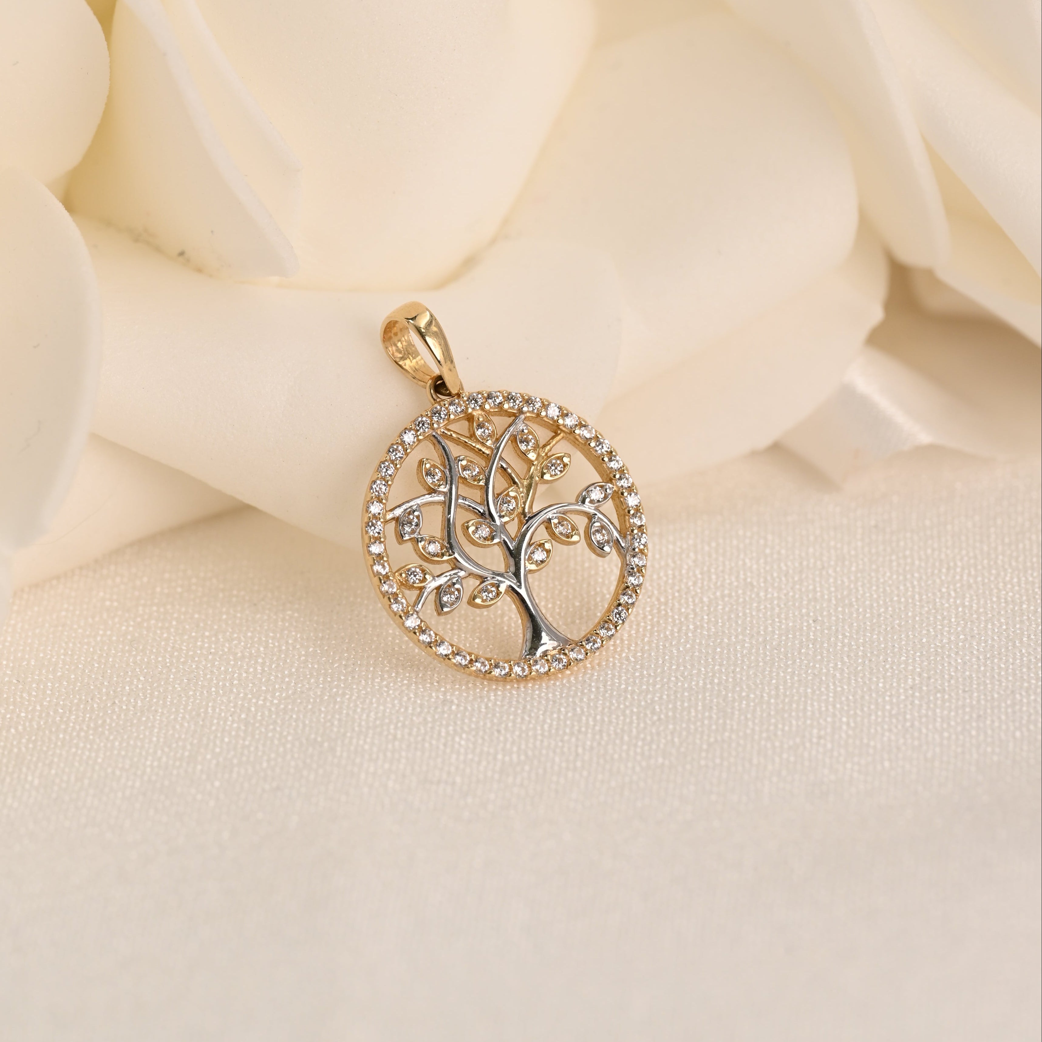 14k Two Tone CZ Filigree Tree Pendant