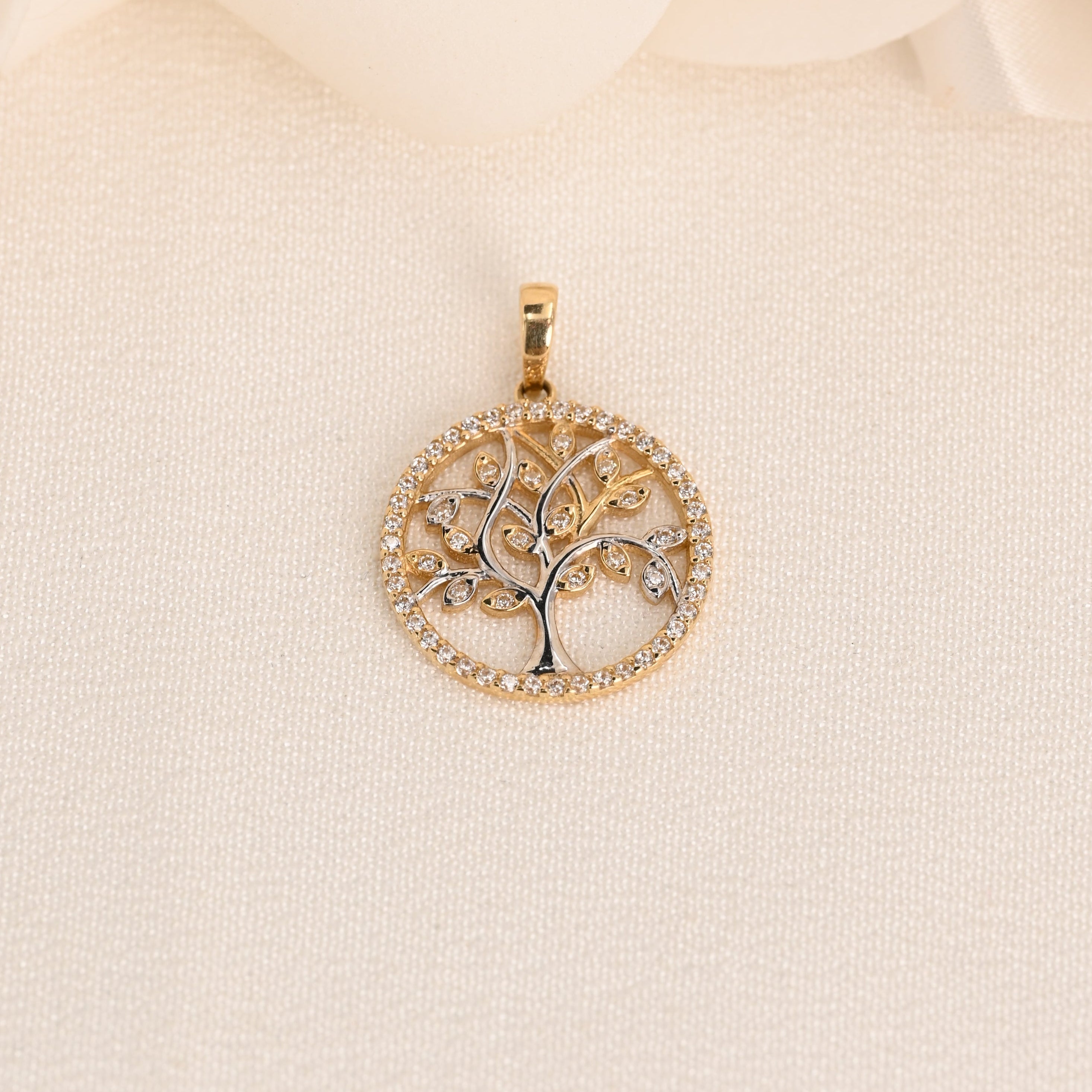 14k Two Tone CZ Filigree Tree Pendant