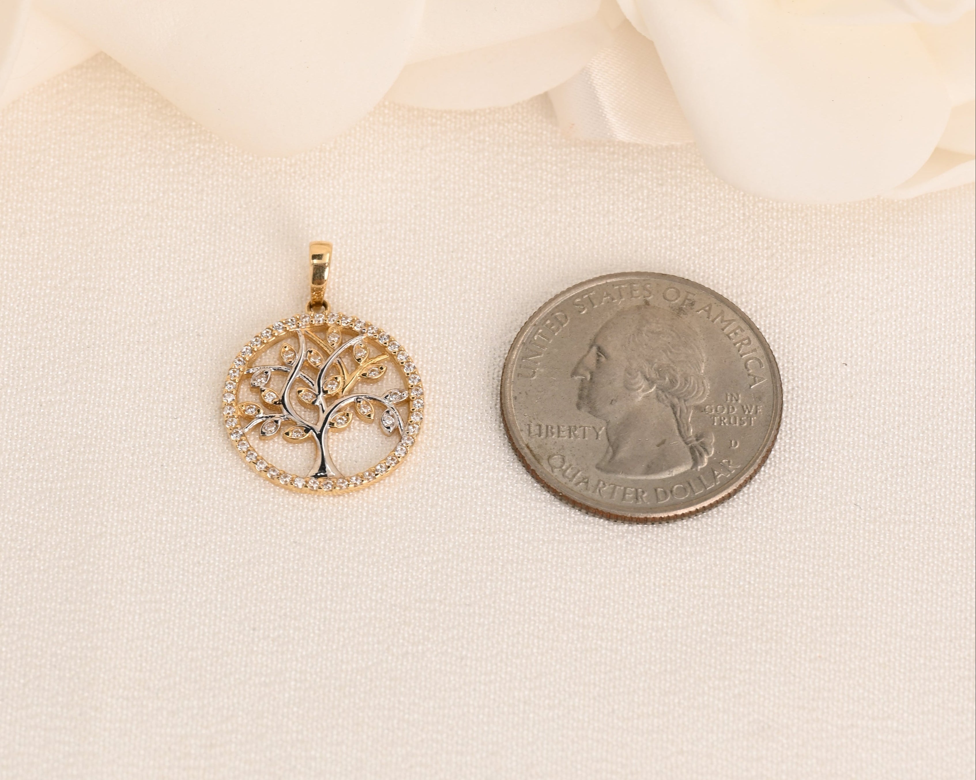 14k Two Tone CZ Filigree Tree Pendant