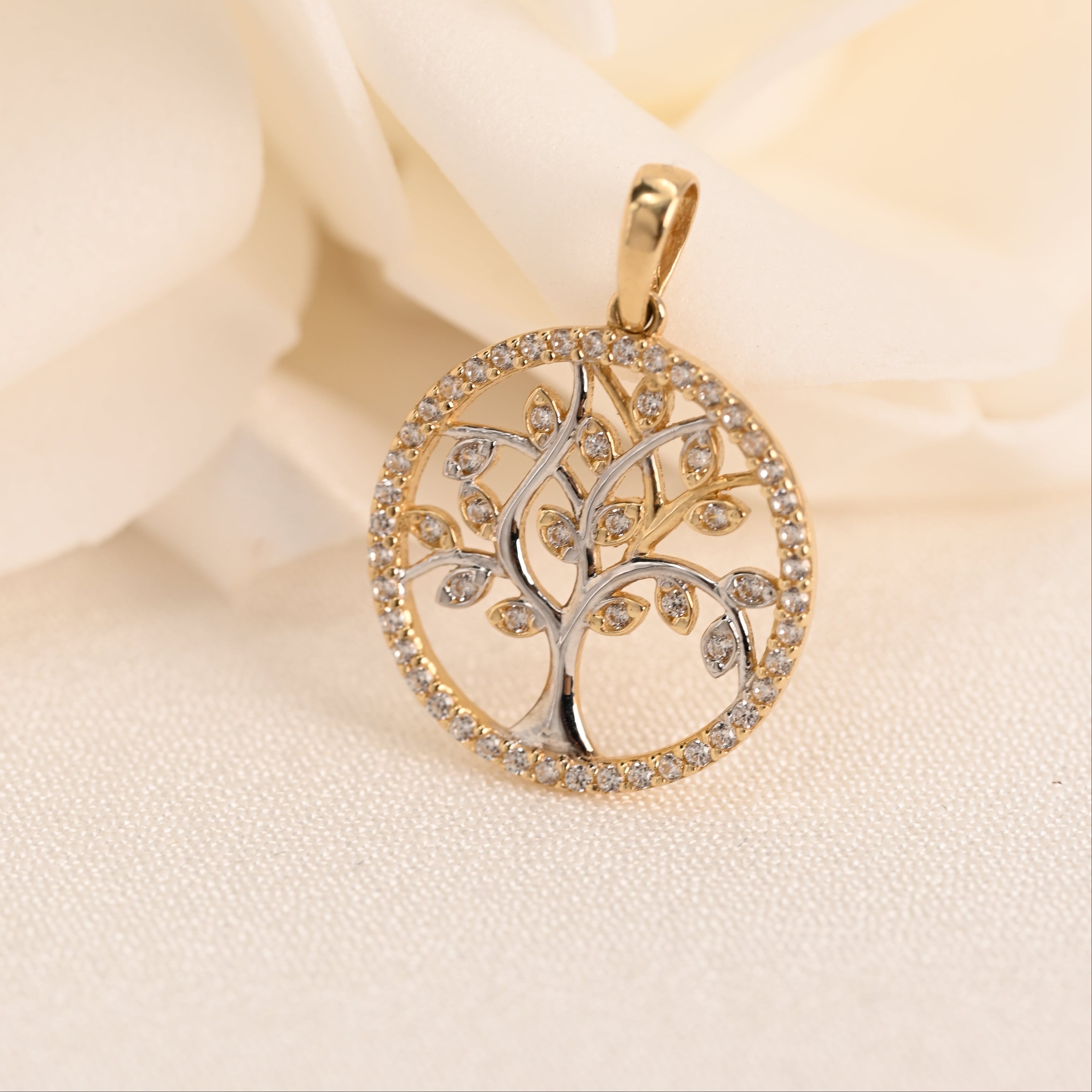 14k Two Tone CZ Filigree Tree Pendant