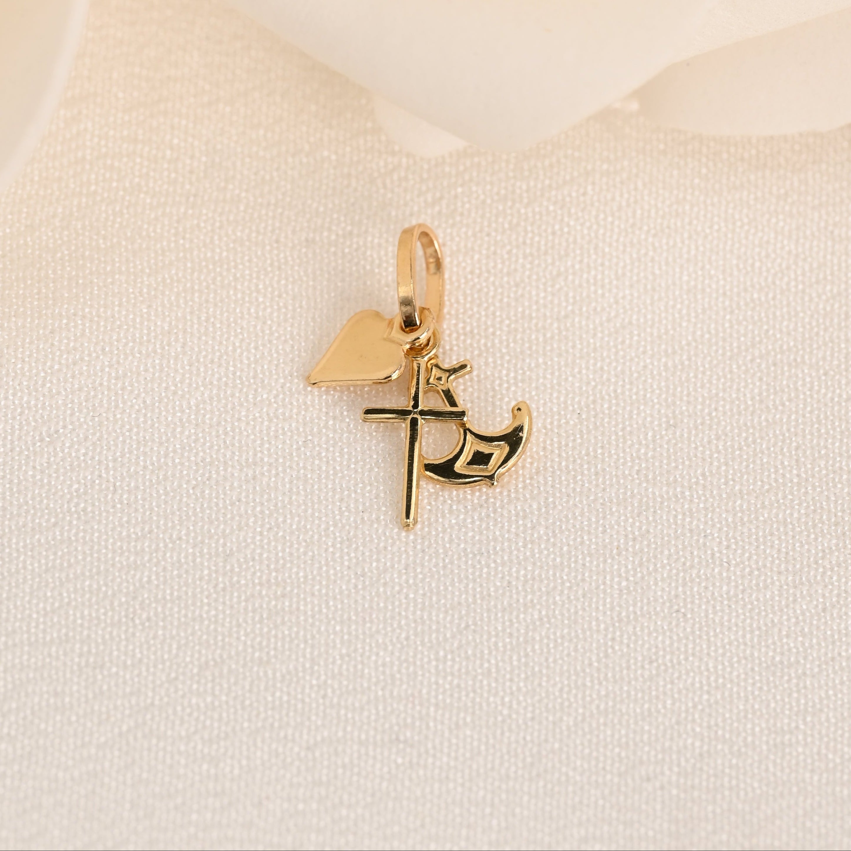 14K Heart Cross Anchor Pendant