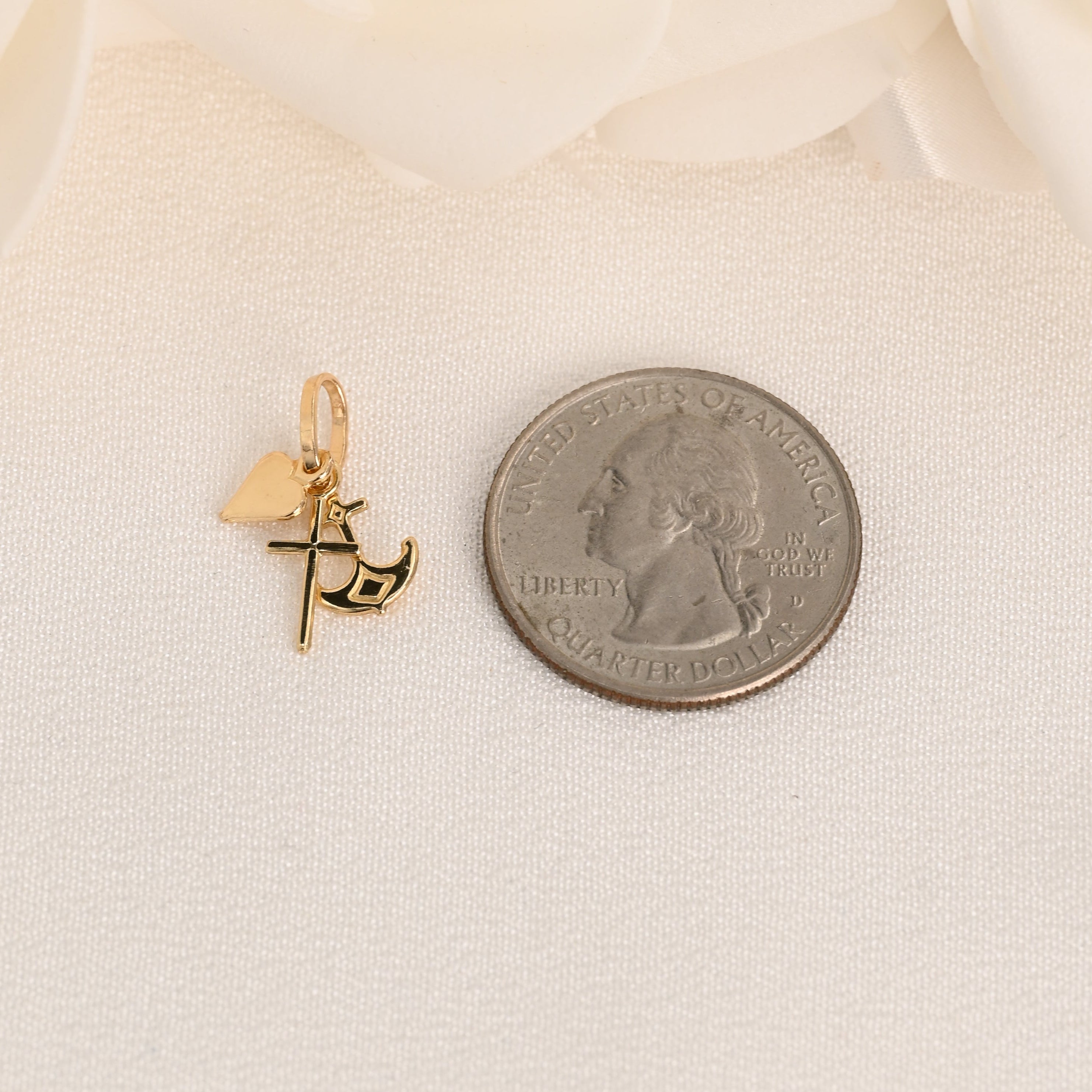 14K Heart Cross Anchor Pendant