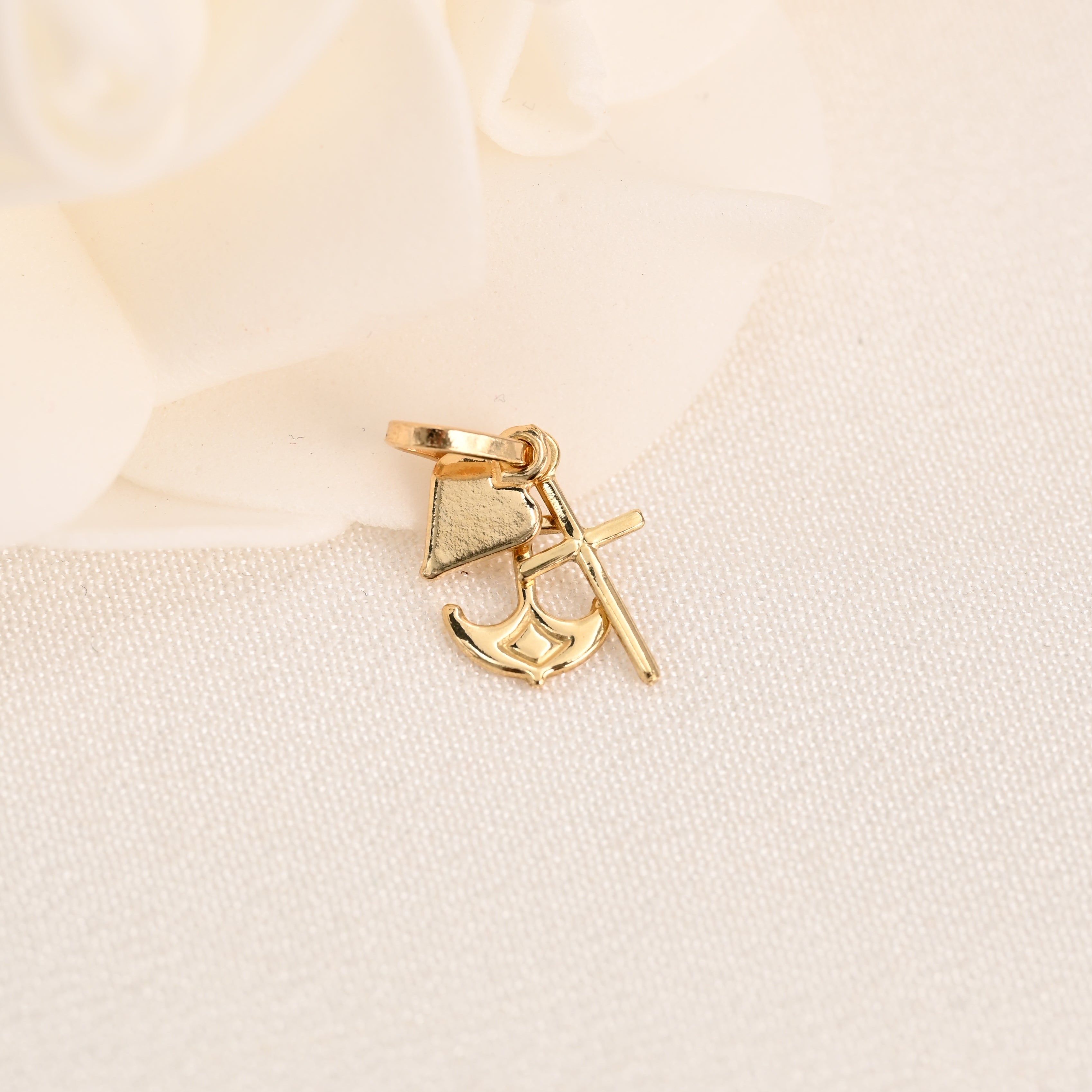 14K Heart Cross Anchor Pendant