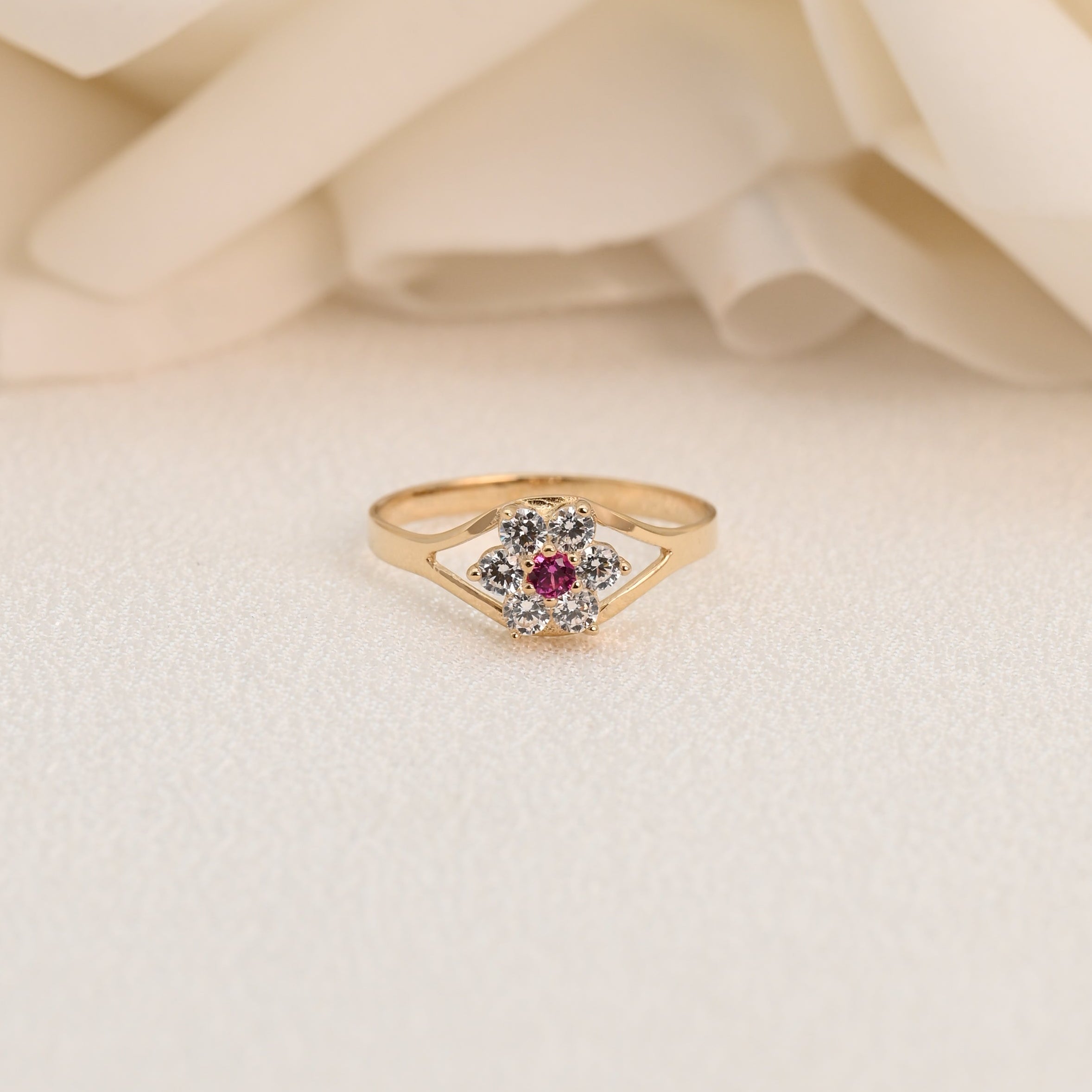 14K Pink & White CZ Flower Pinky Ring