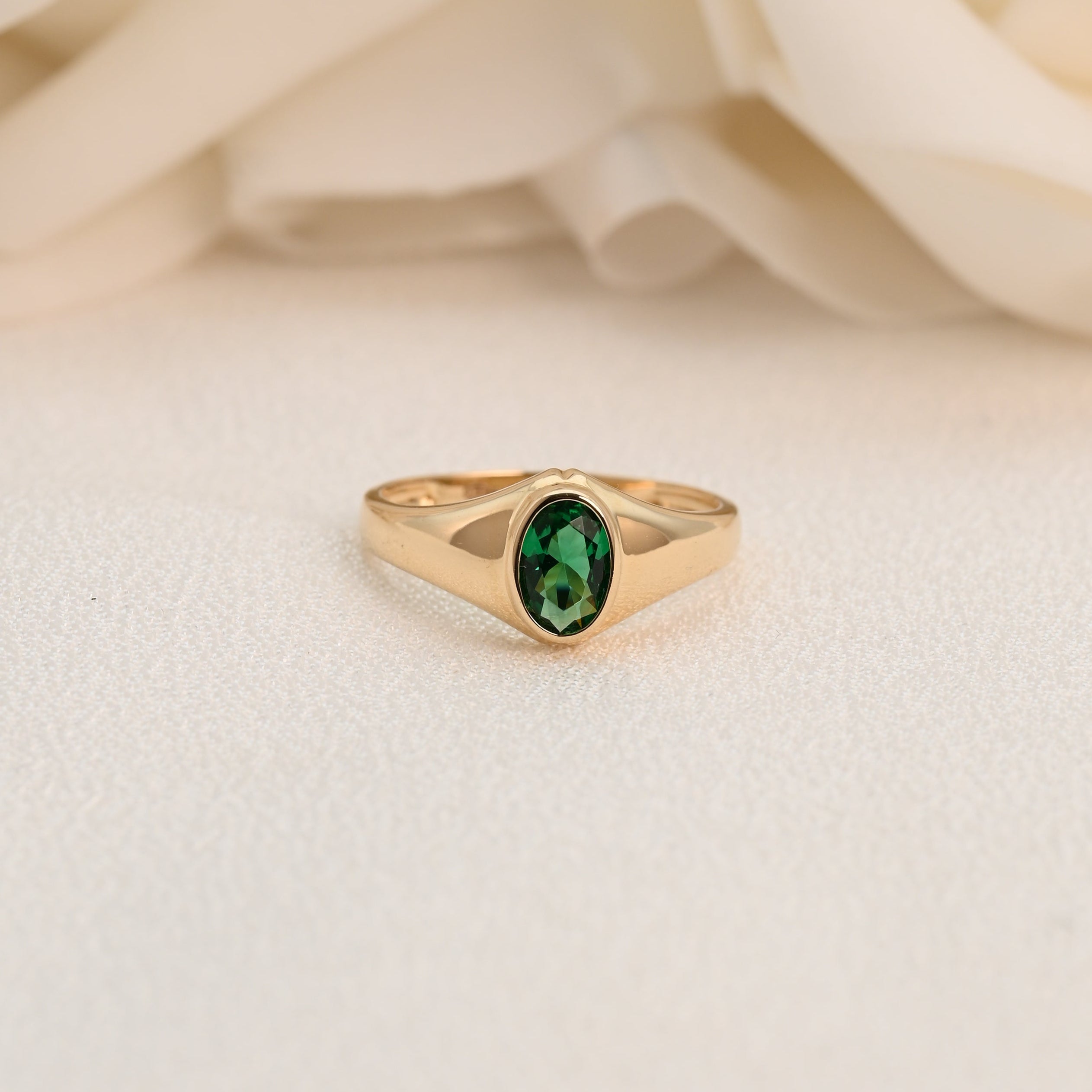 14K Green Oval CZ Bezel Pinky Ring