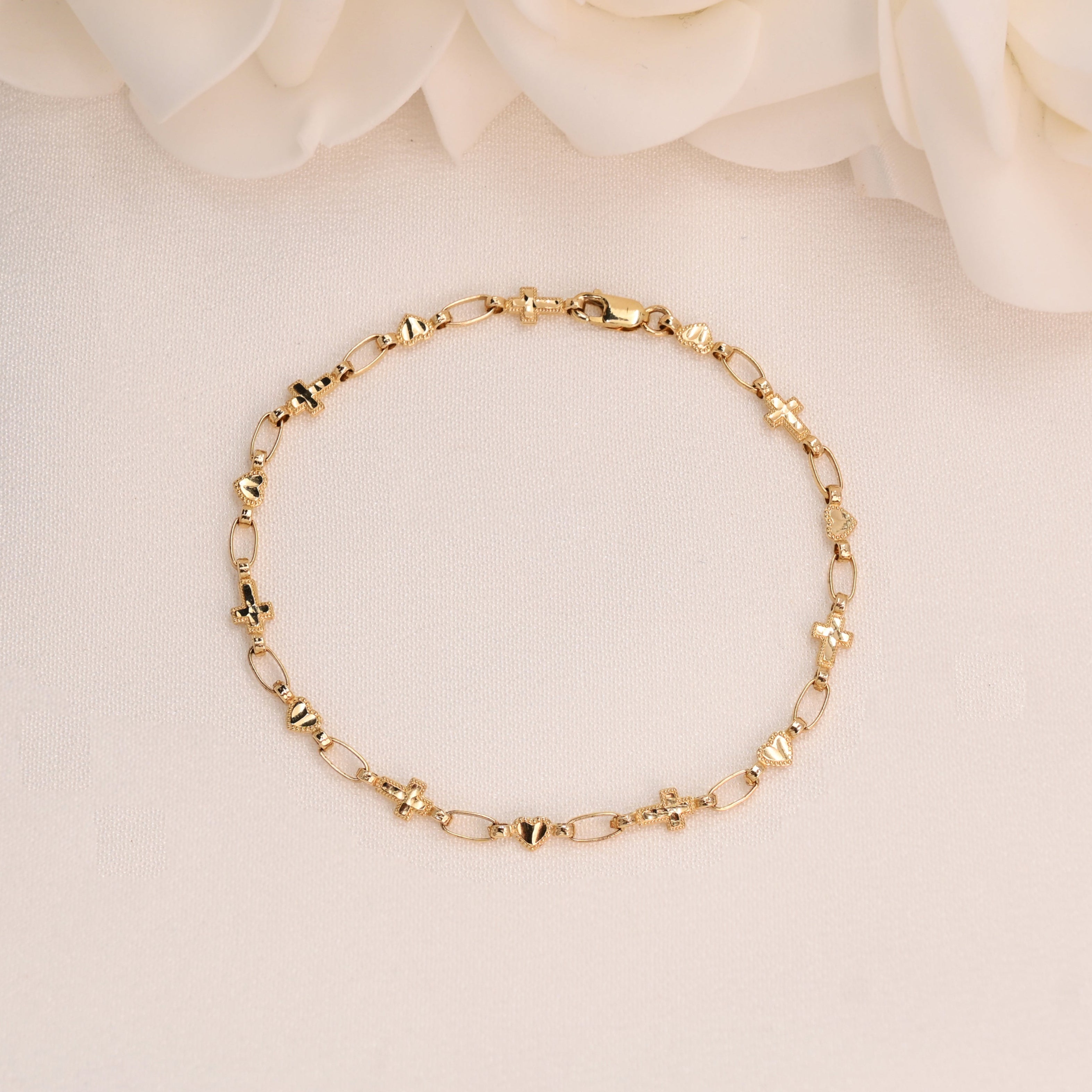 14k Hearts & Cross Diamond Cut Bracelet