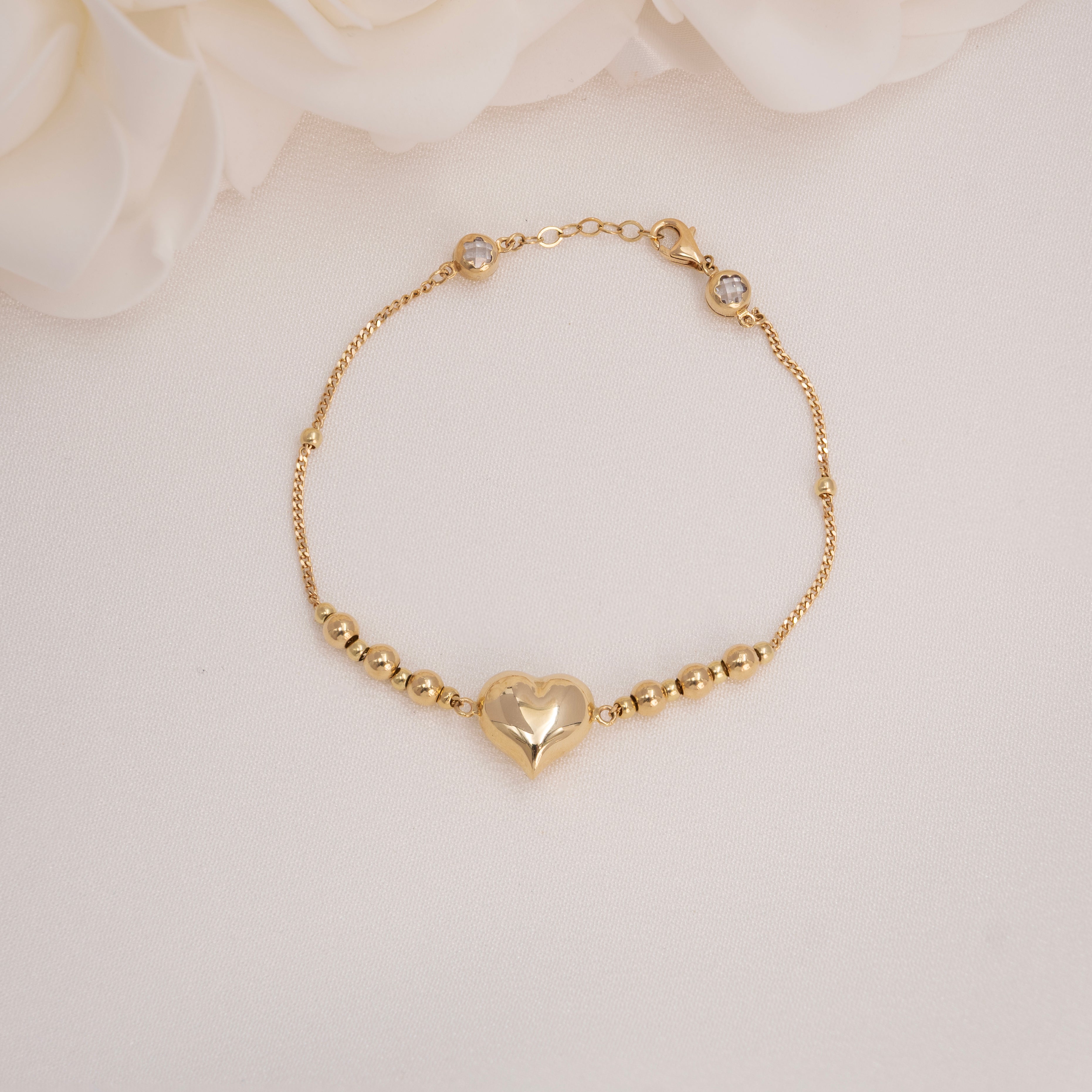 14k Puffy Heart & Beads Bracelet