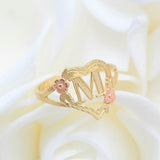 Solid 14k Gold Flor Heart Initial Ring - A to Z - Yellow and Rose Gold - For Women