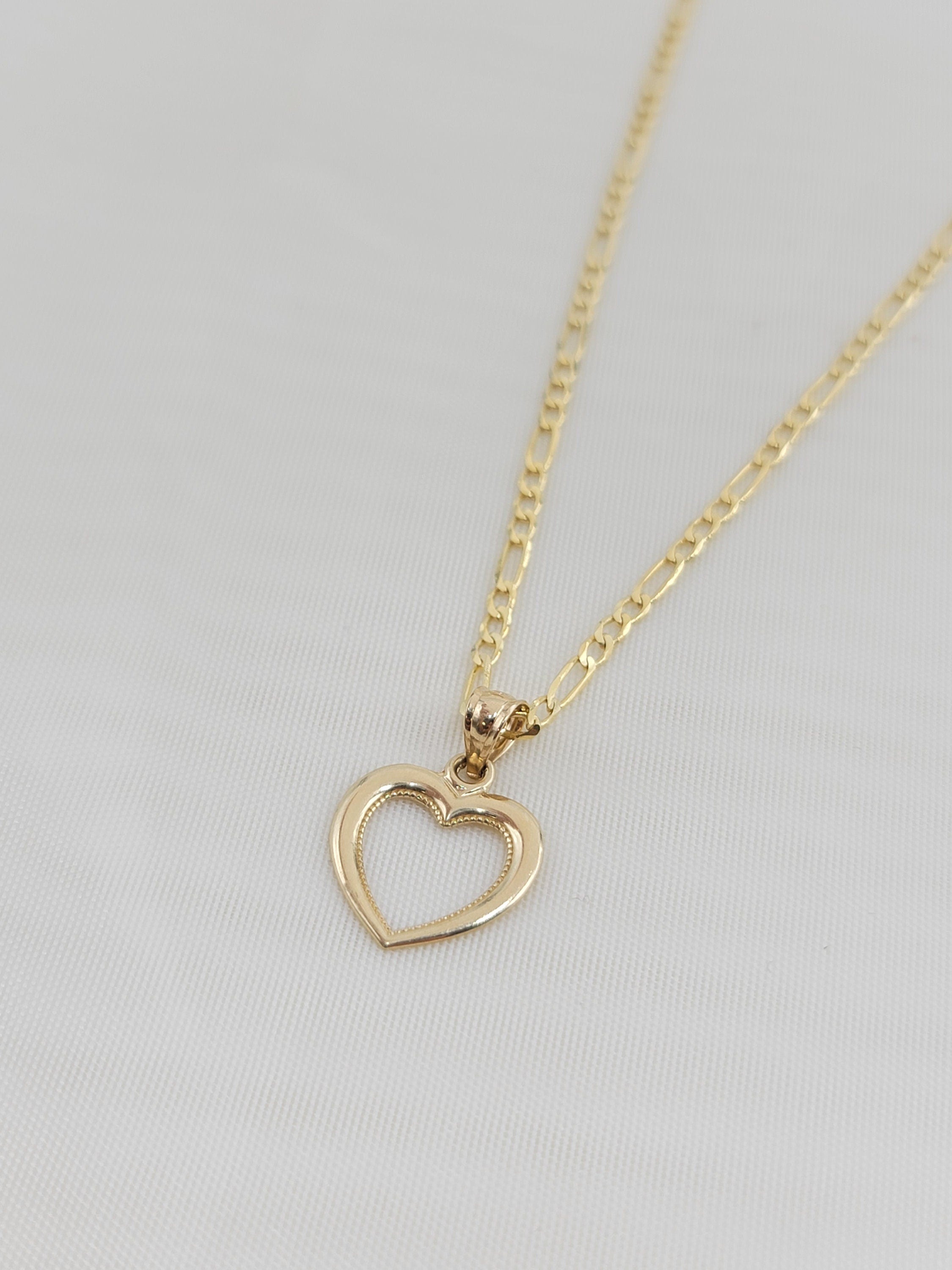 Solid 14k Gold Yellow Gold Heart Necklace - 16 Inches - 2.1mm - Figaro Chain
