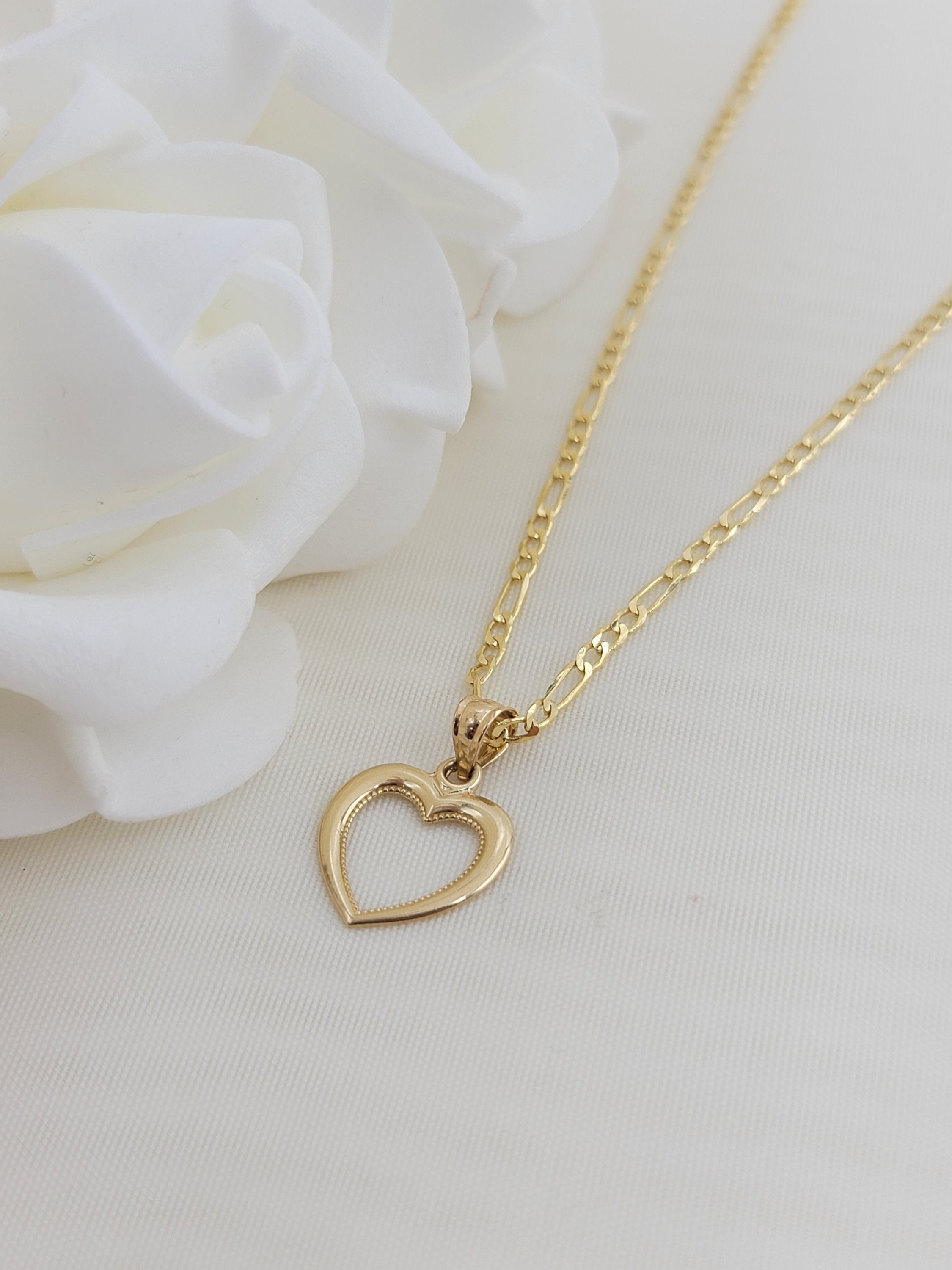 Solid 14k Gold Yellow Gold Heart Necklace - 16 Inches - 2.1mm - Figaro Chain