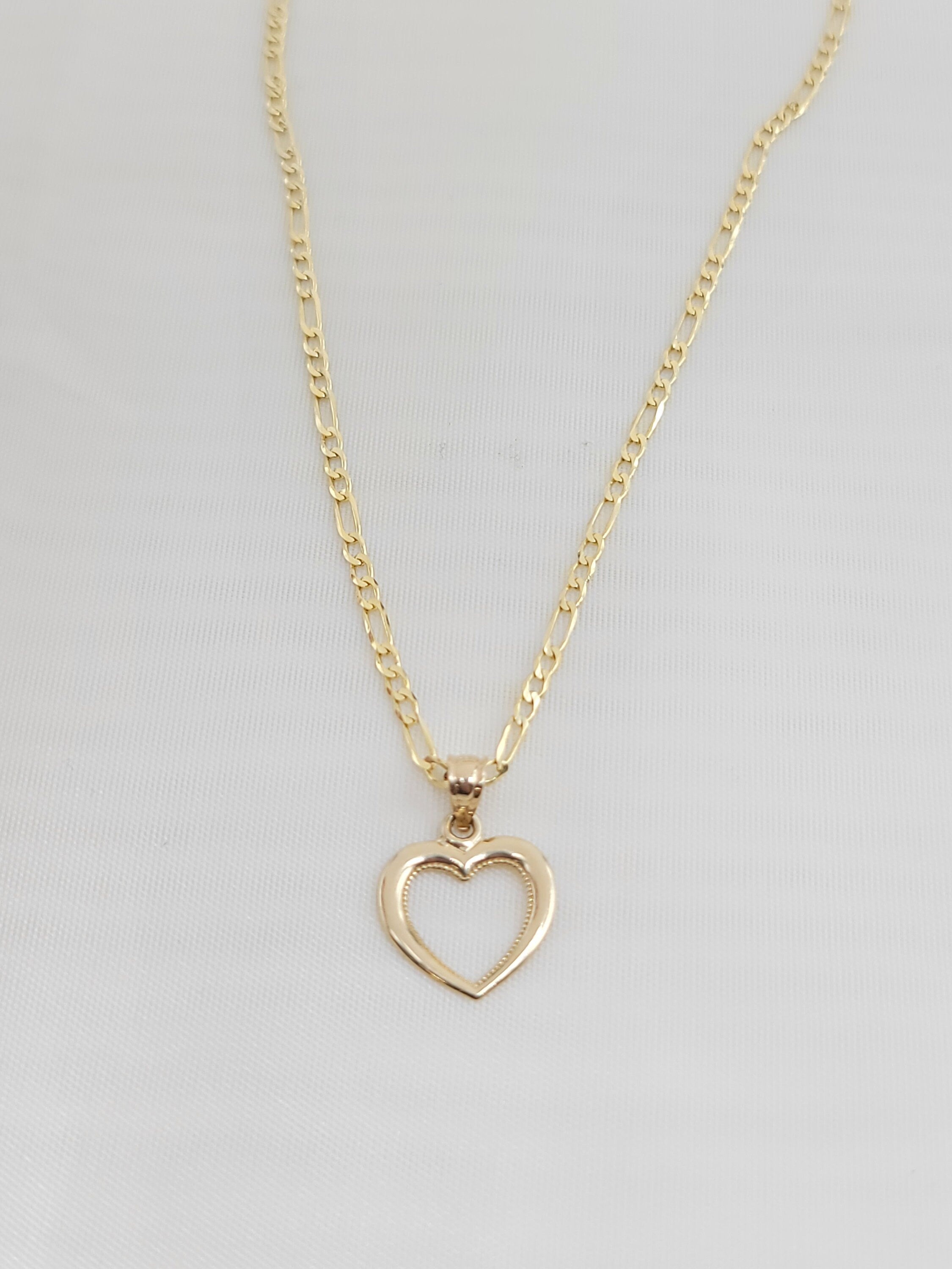 Solid 14k Gold Yellow Gold Heart Necklace - 16 Inches - 2.1mm - Figaro Chain