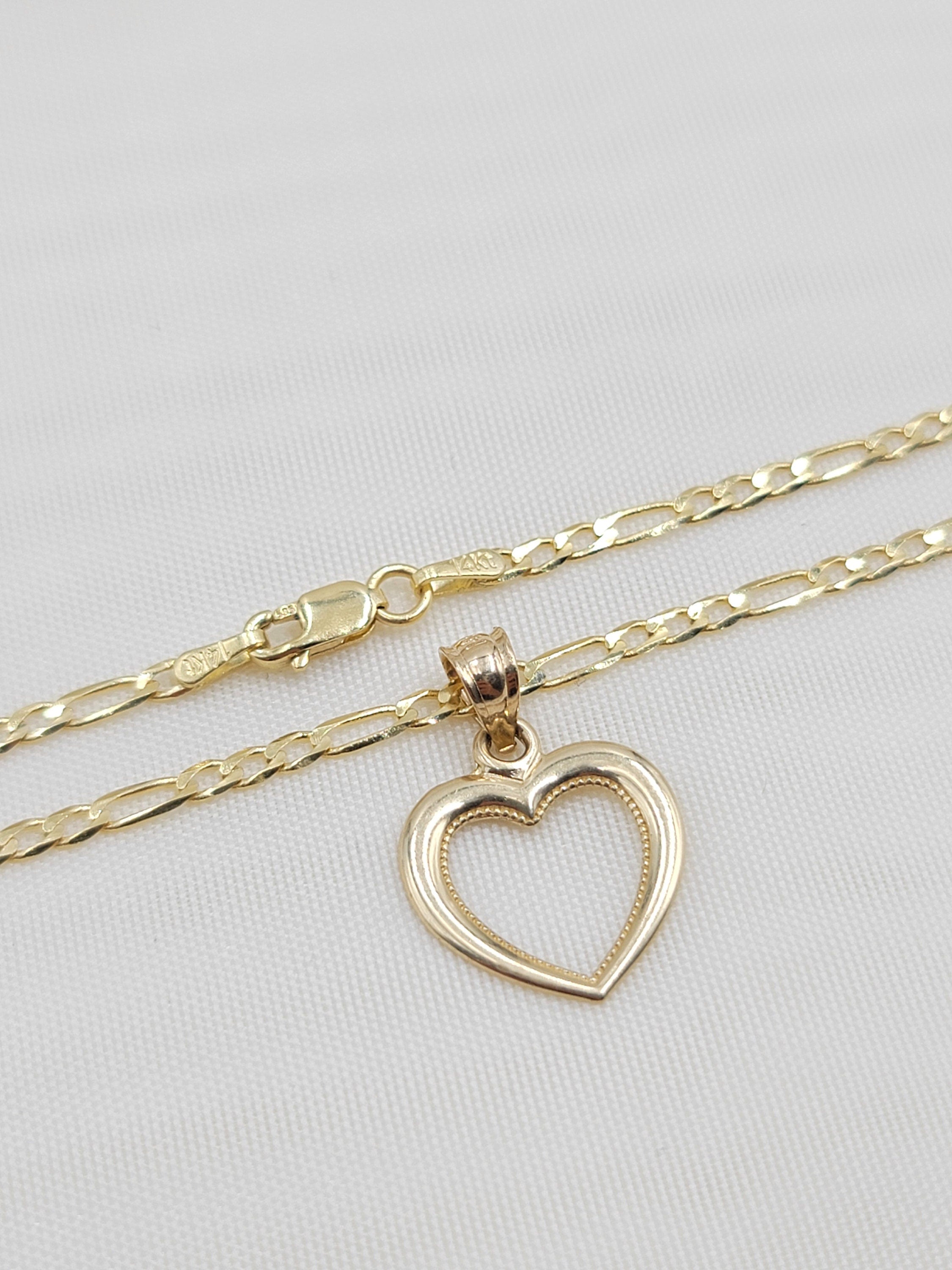 Solid 14k Gold Yellow Gold Heart Necklace - 16 Inches - 2.1mm - Figaro Chain