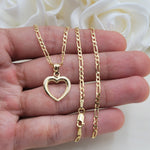 Solid 14k Gold Yellow Gold Heart Necklace - 16 Inches - 2.1mm - Figaro Chain