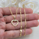 Solid 14k Gold Yellow Gold Heart Necklace - 16 Inches - 2.1mm - Figaro Chain