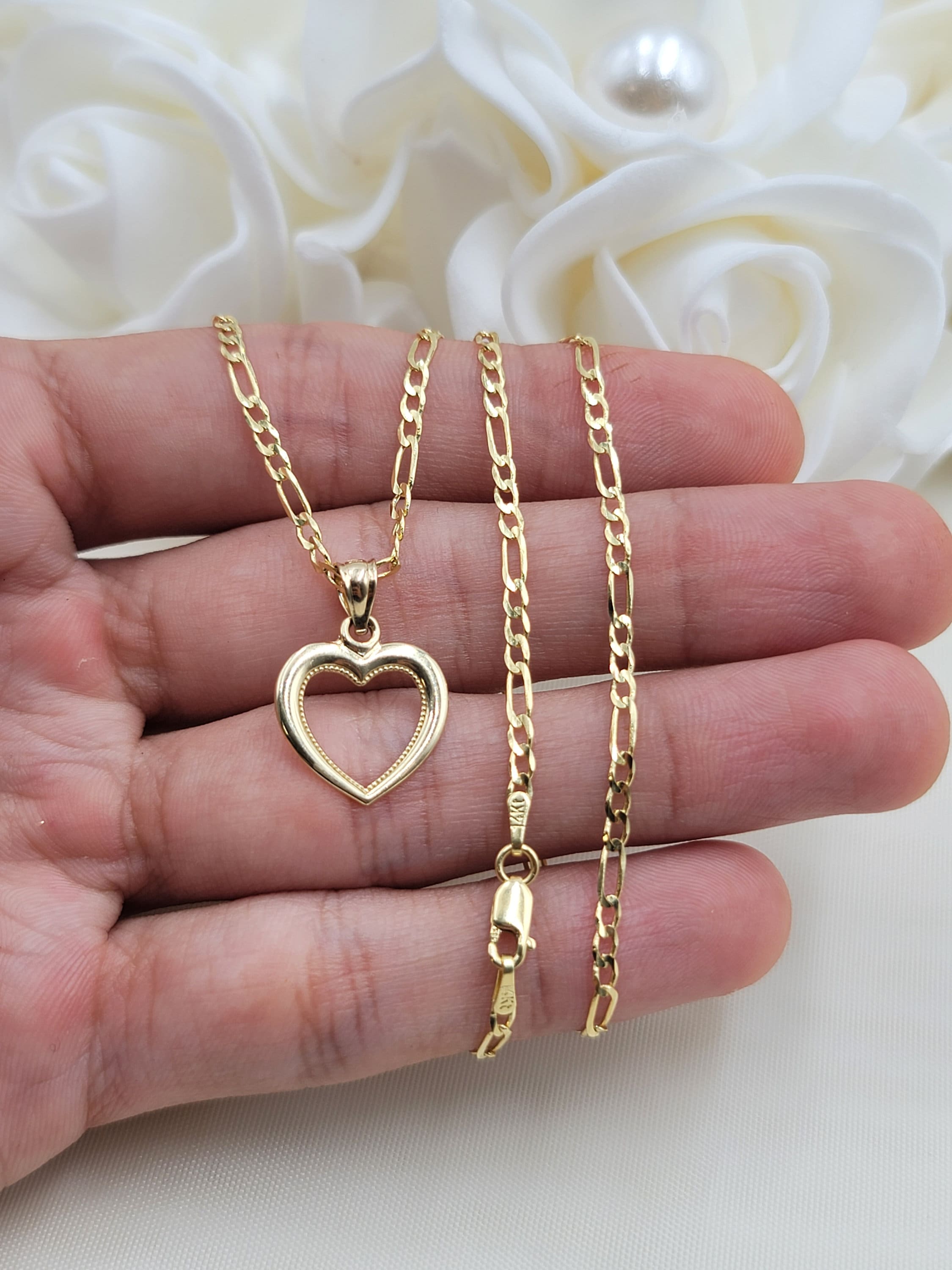 Solid 14k Gold Yellow Gold Heart Necklace - 16 Inches - 2.1mm - Figaro Chain