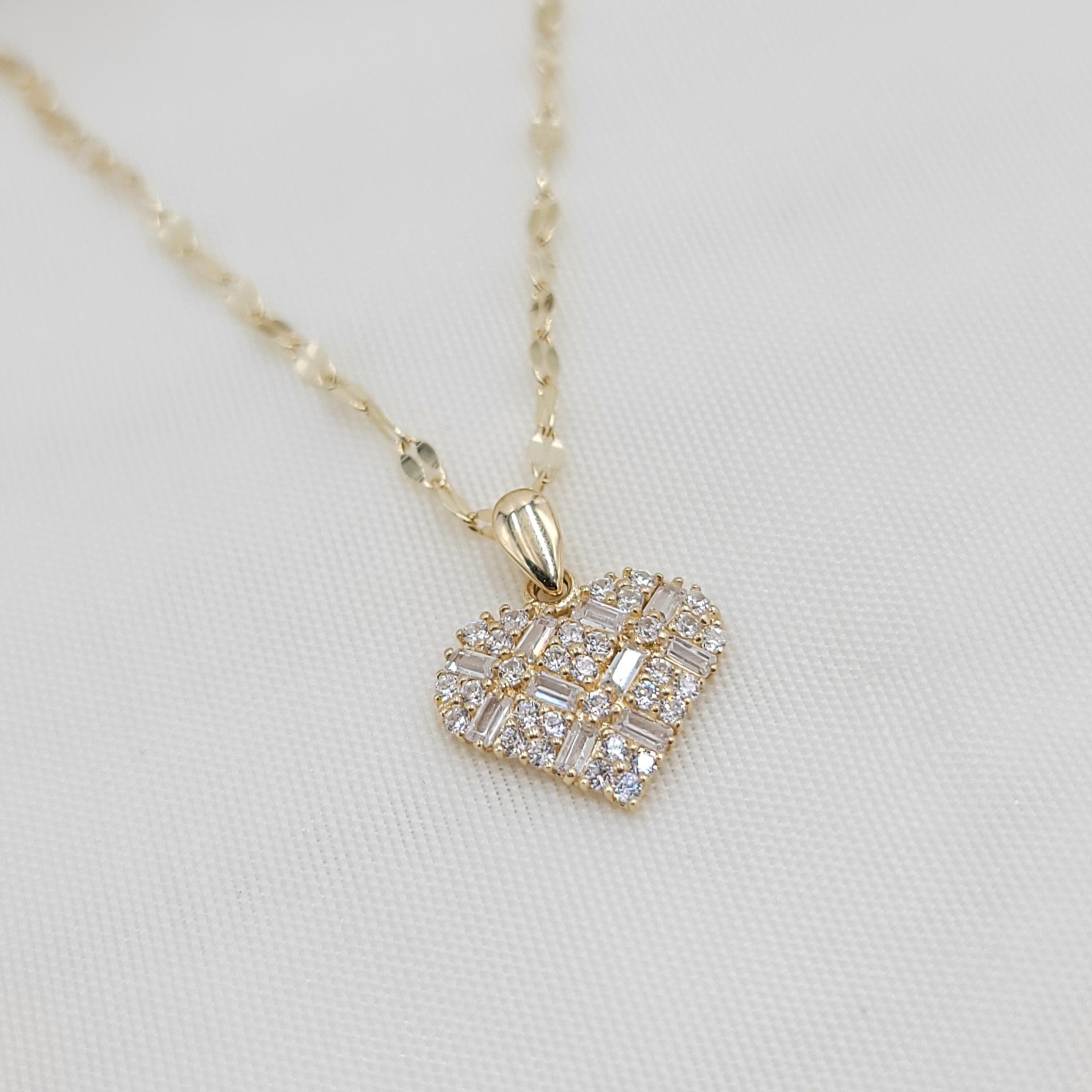 Solid 14k Gold Mosaic Heart CZ Necklace - Mirror Chain - 16, 18, 20 Inches - Gift for her