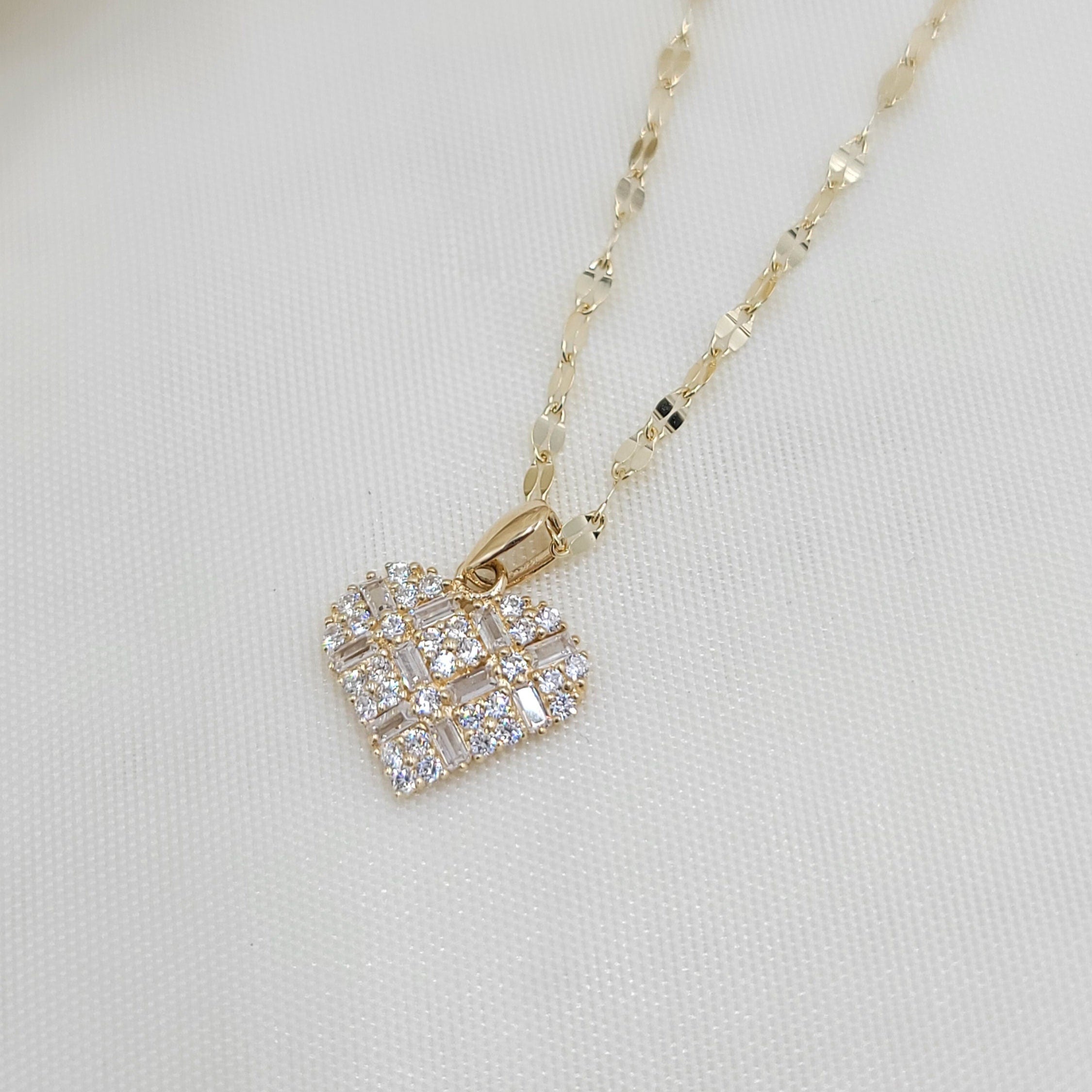 Solid 14k Gold Mosaic Heart CZ Necklace - Mirror Chain - 16, 18, 20 Inches - Gift for her