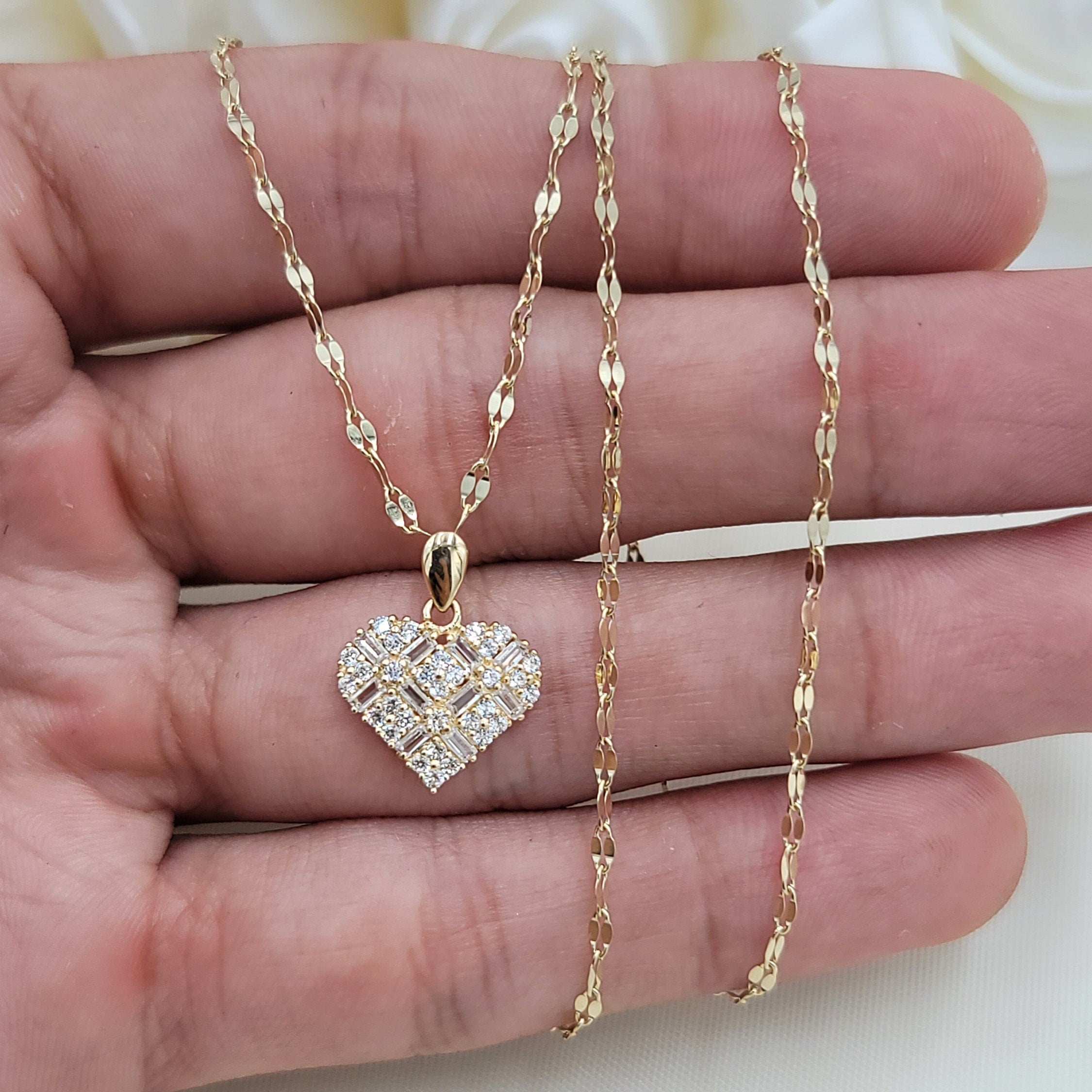 Solid 14k Gold Mosaic Heart CZ Necklace - Mirror Chain - 16, 18, 20 Inches - Gift for her