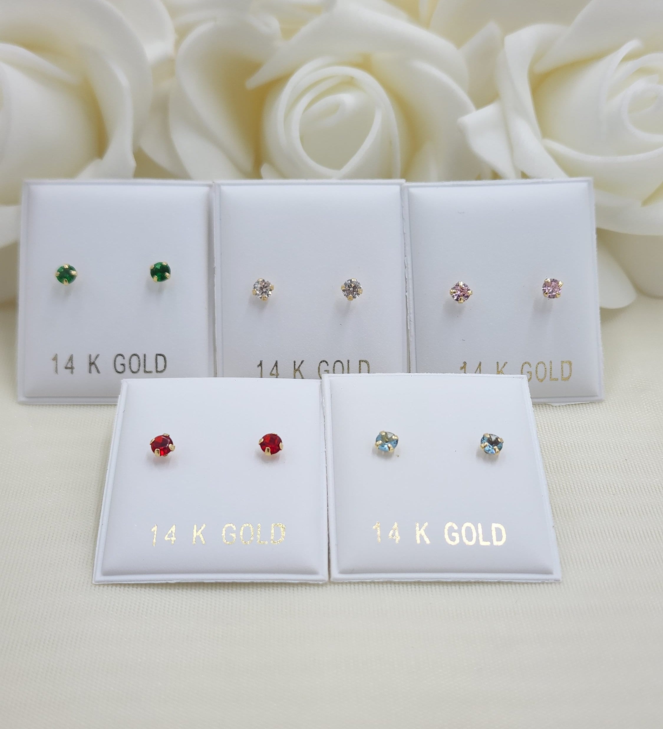 14KT Gold 3mm CZ Stud Earrings - Screwback - For Women, Girls and Babies