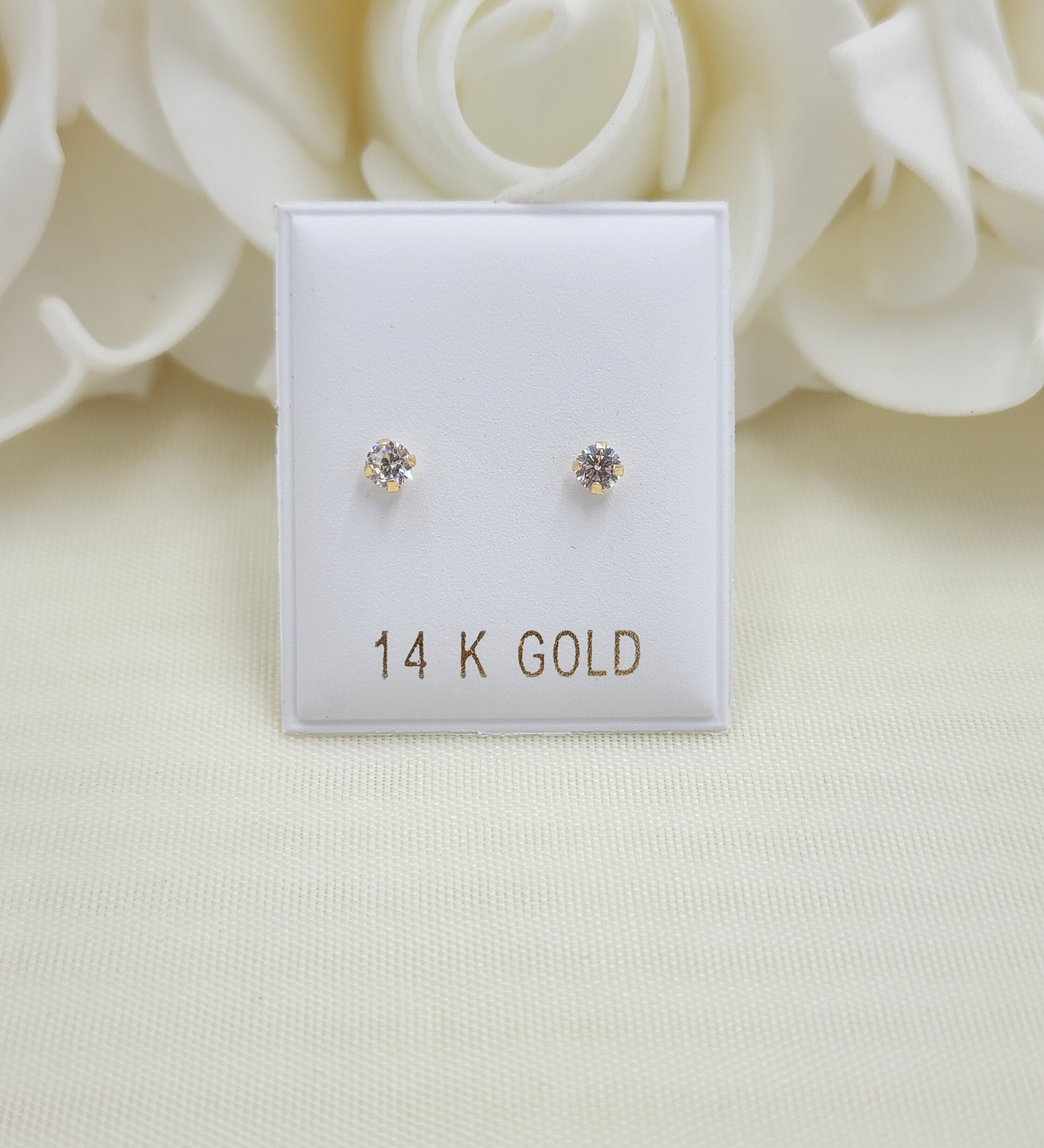 14KT Gold 3mm CZ Stud Earrings - Screwback - For Women, Girls and Babies