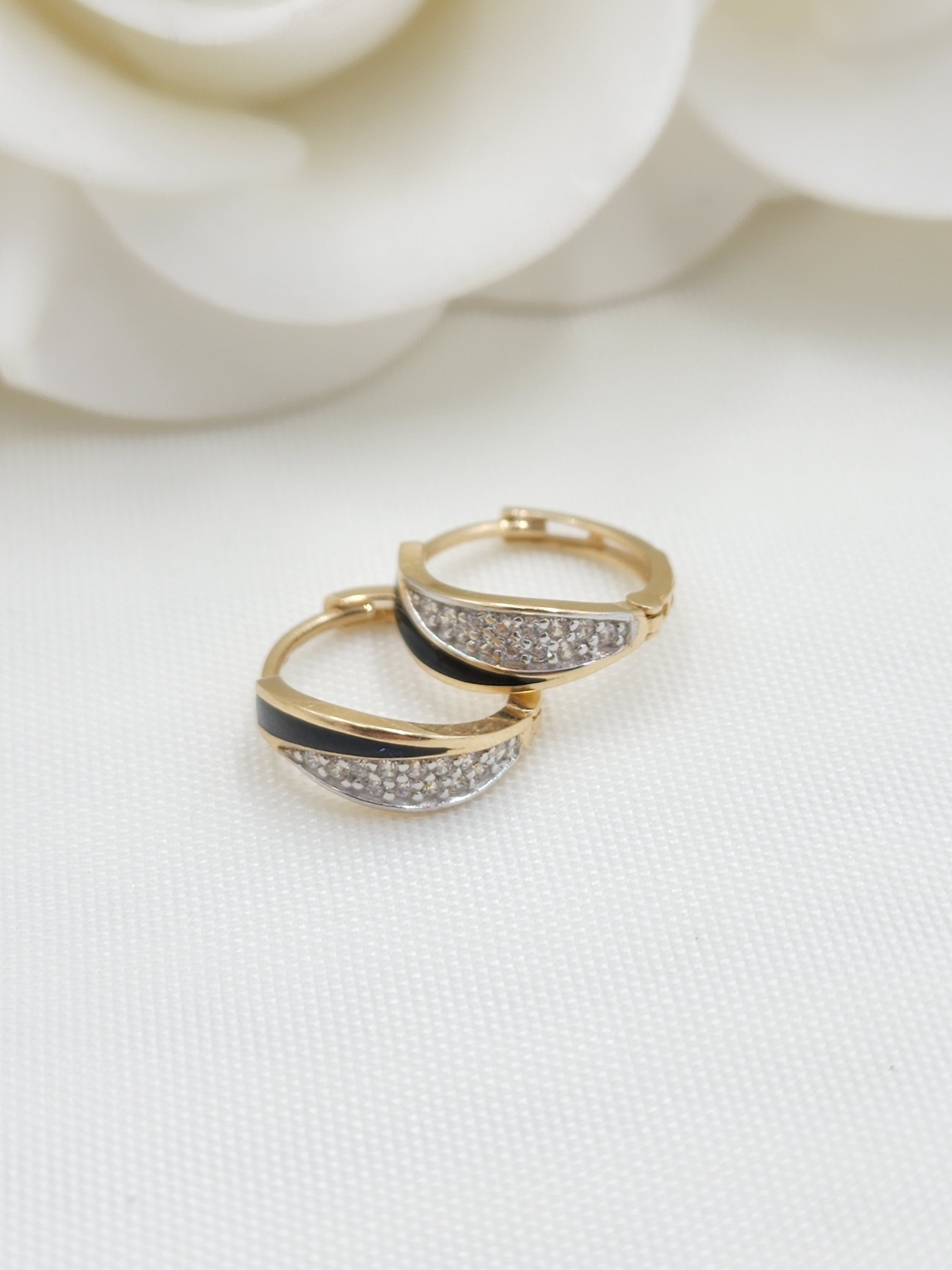14k Onyx and CZ Huggies Earrings