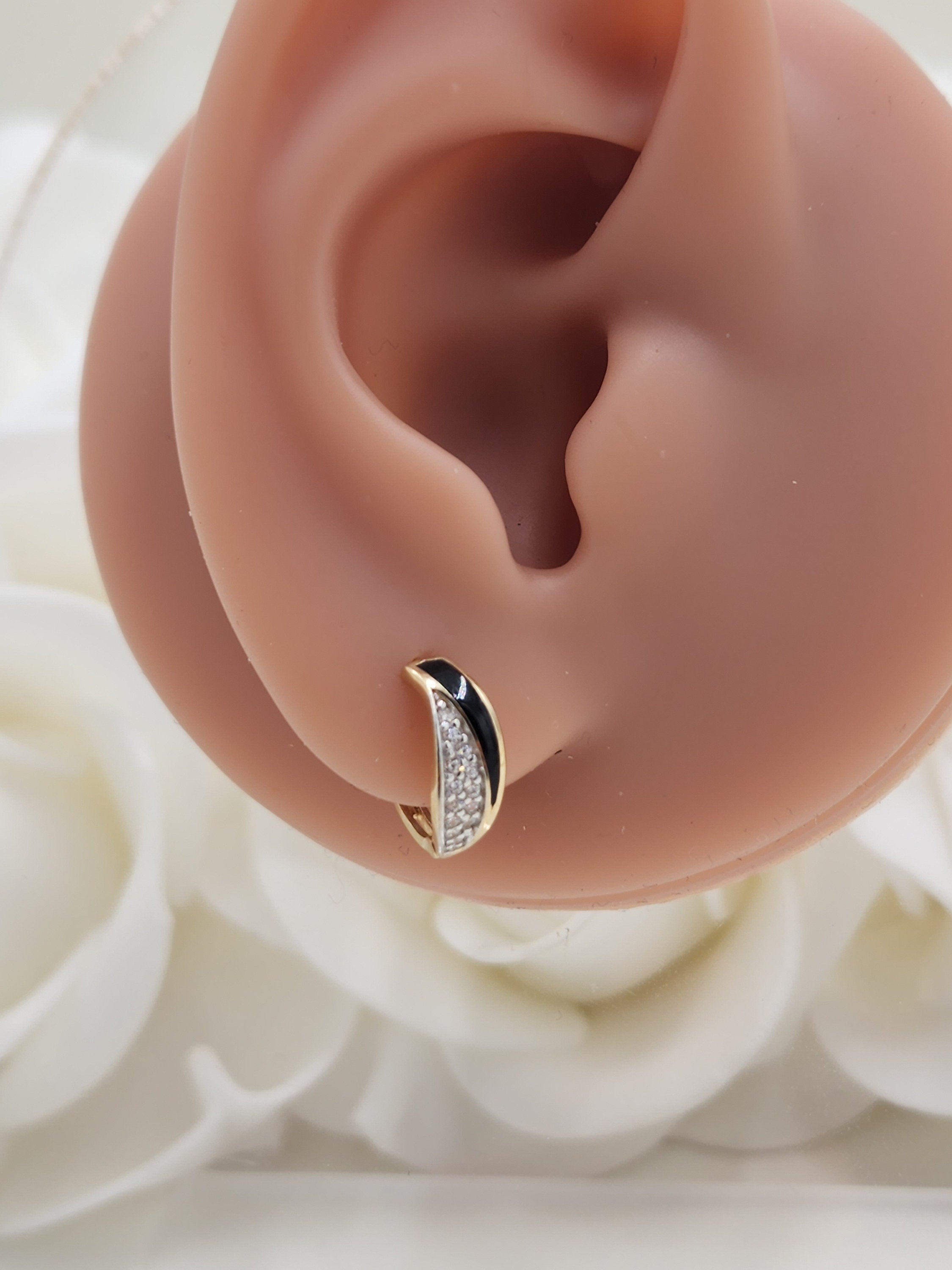 14k Onyx and CZ Huggies Earrings