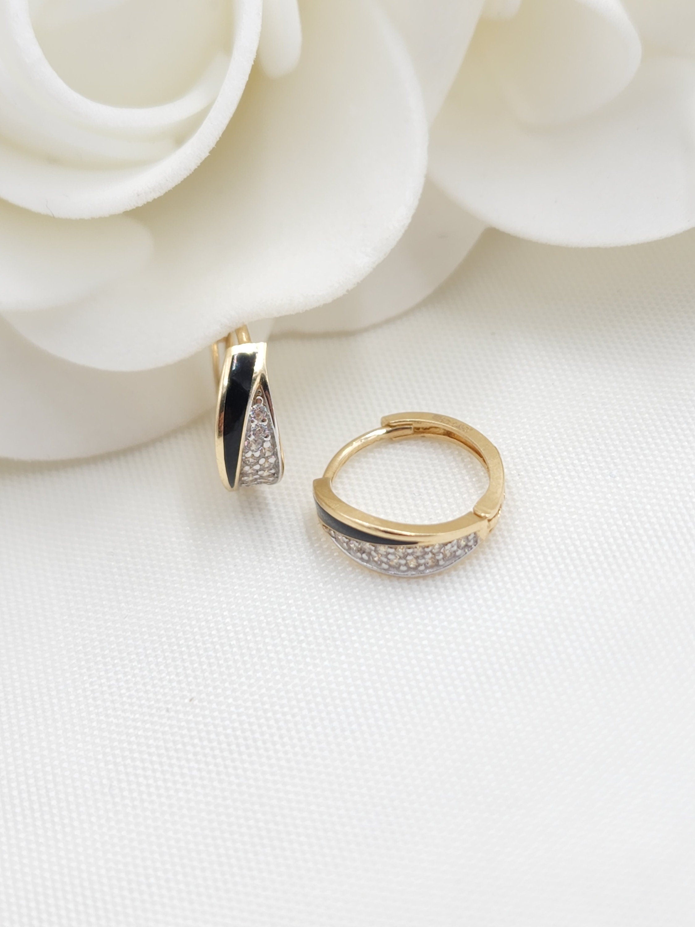 14k Onyx and CZ Huggies Earrings