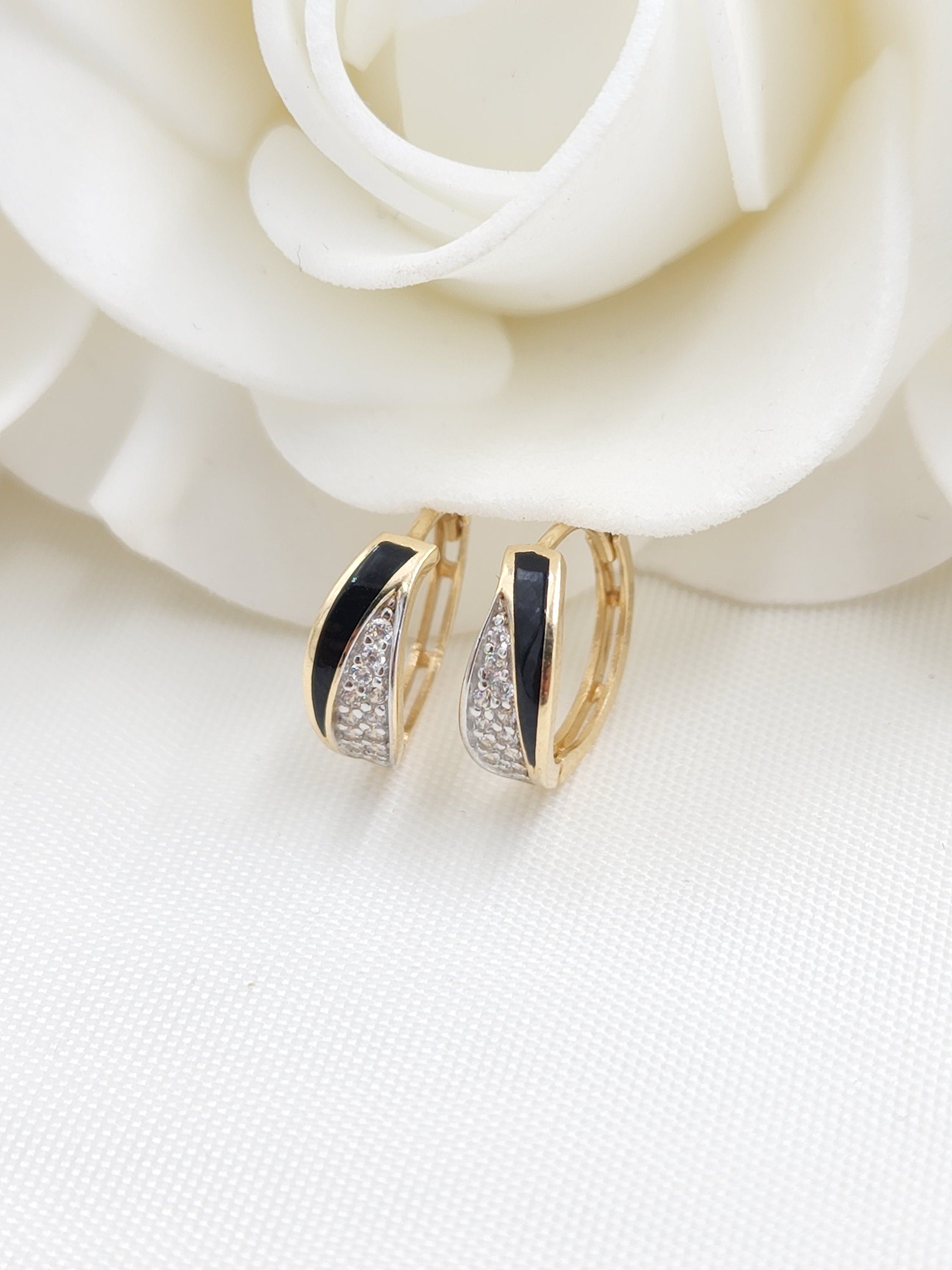 14k Onyx and CZ Huggies Earrings