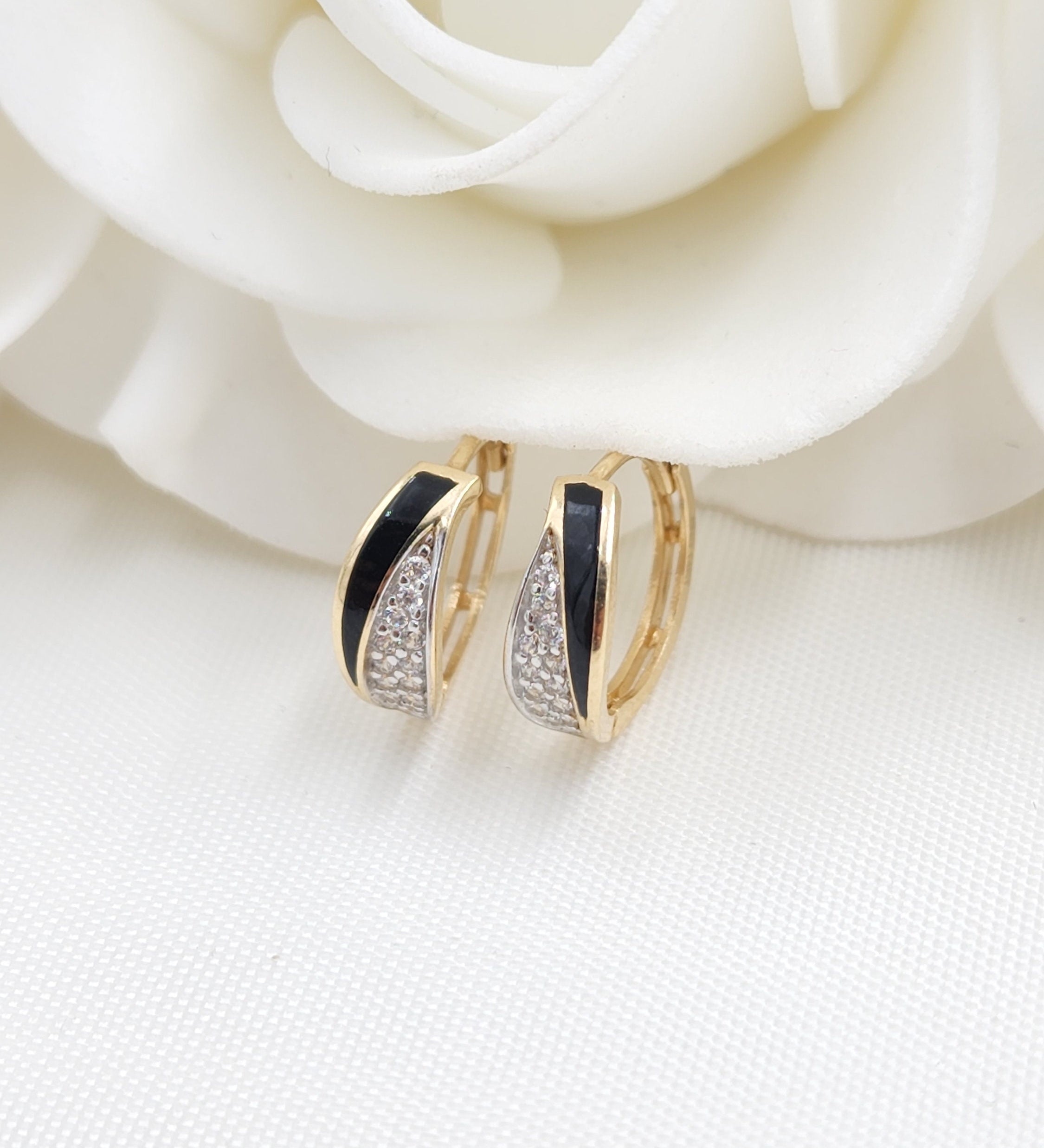 14k Onyx and CZ Huggies Earrings