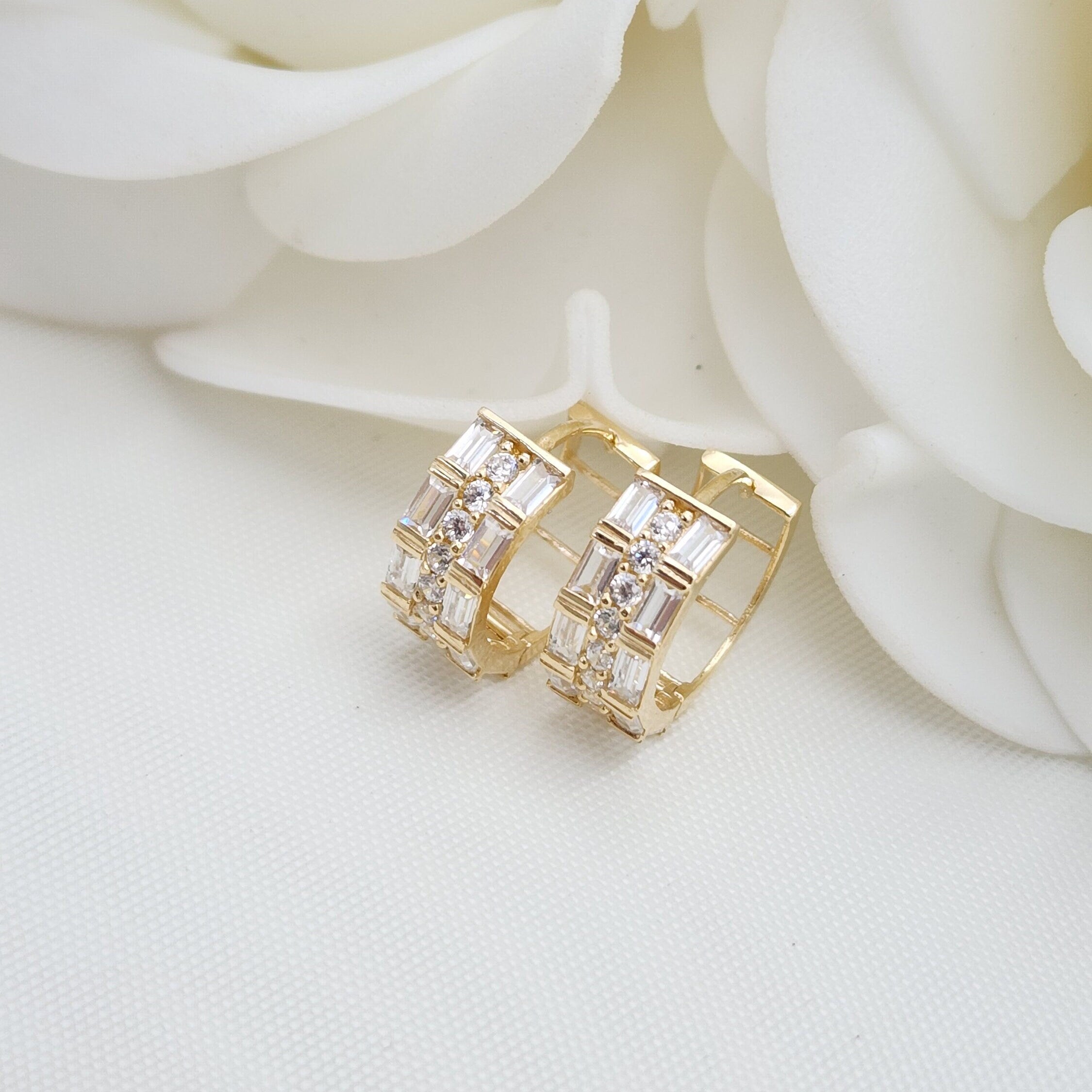 14k Baguette And Round CZ Huggies Earrings