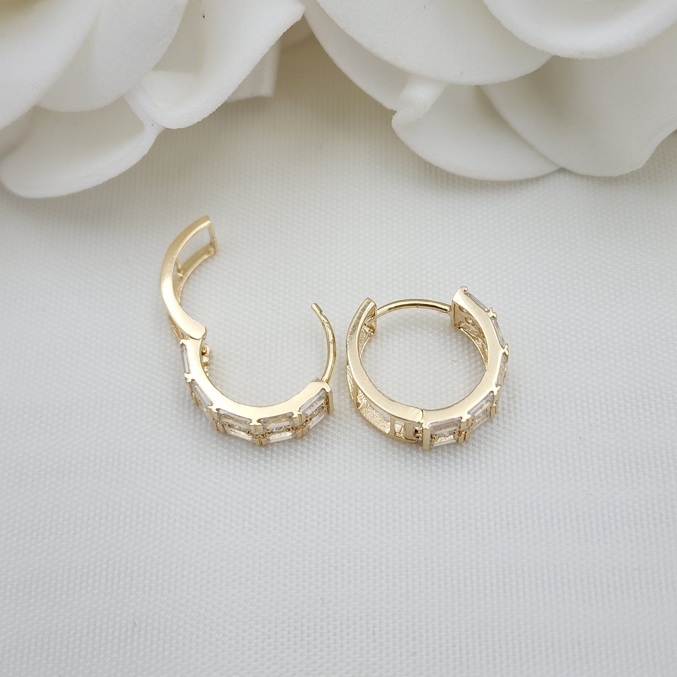 14k Baguette And Round CZ Huggies Earrings