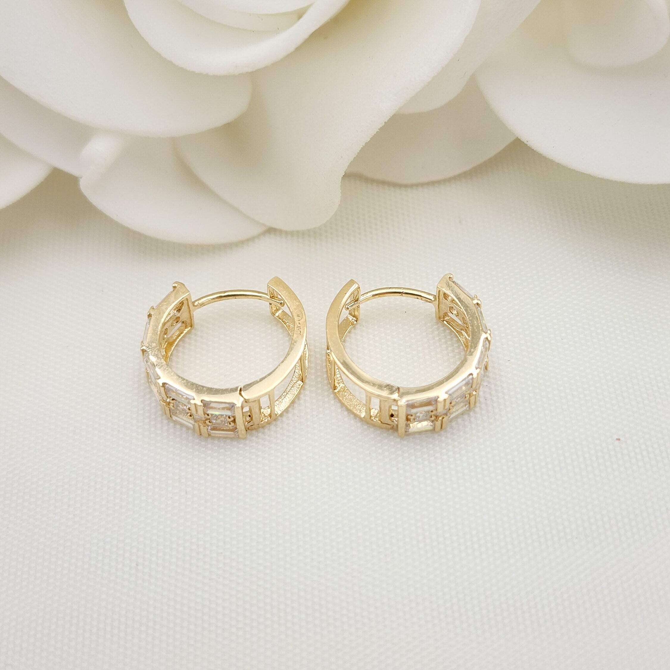 14k Baguette And Round CZ Huggies Earrings