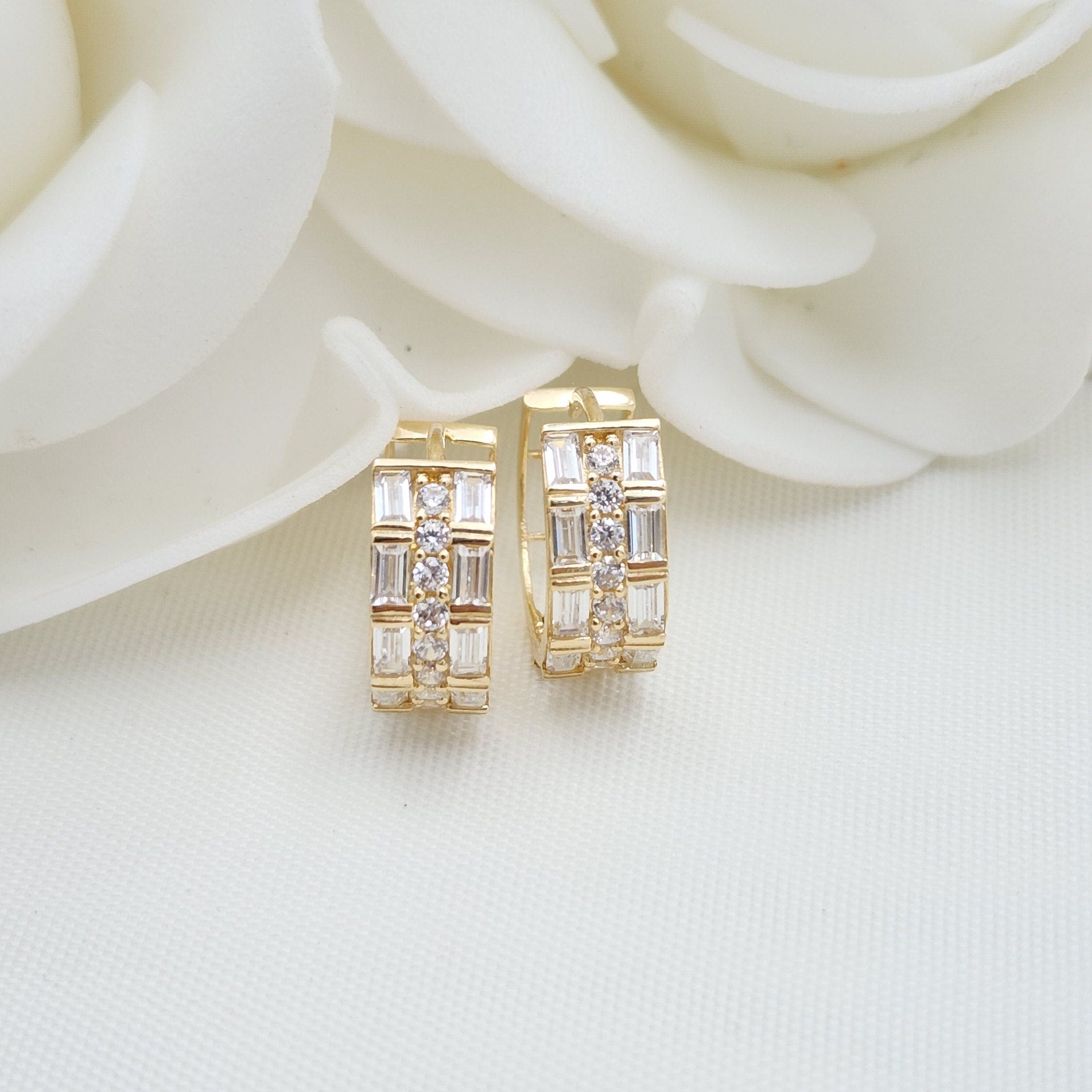 14k Baguette And Round CZ Huggies Earrings
