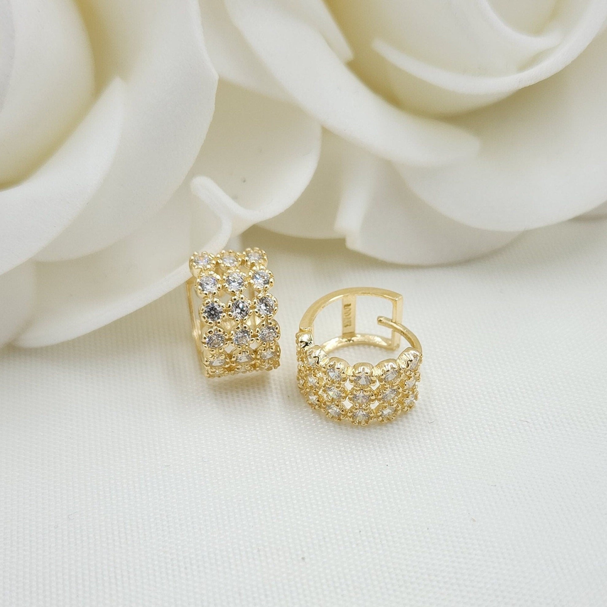 Solid 14k Gold 3 Rows CZ Huggies Earrings - 7mm -Thick Earrings - Gift for her