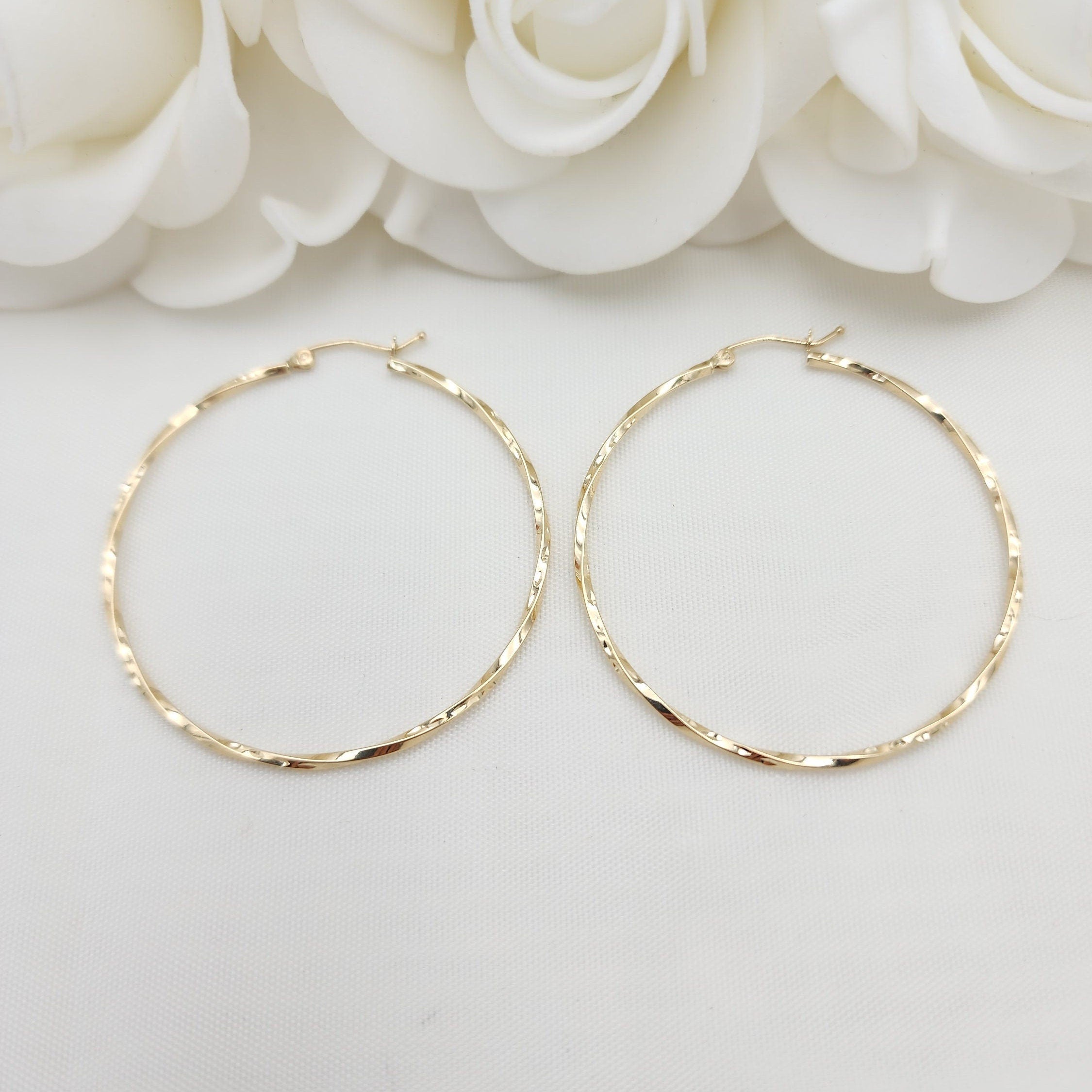 Large Twisted 14k Gold Hoop Earrings - 45MM- Unique and Versatile - For Everyday - Shiny