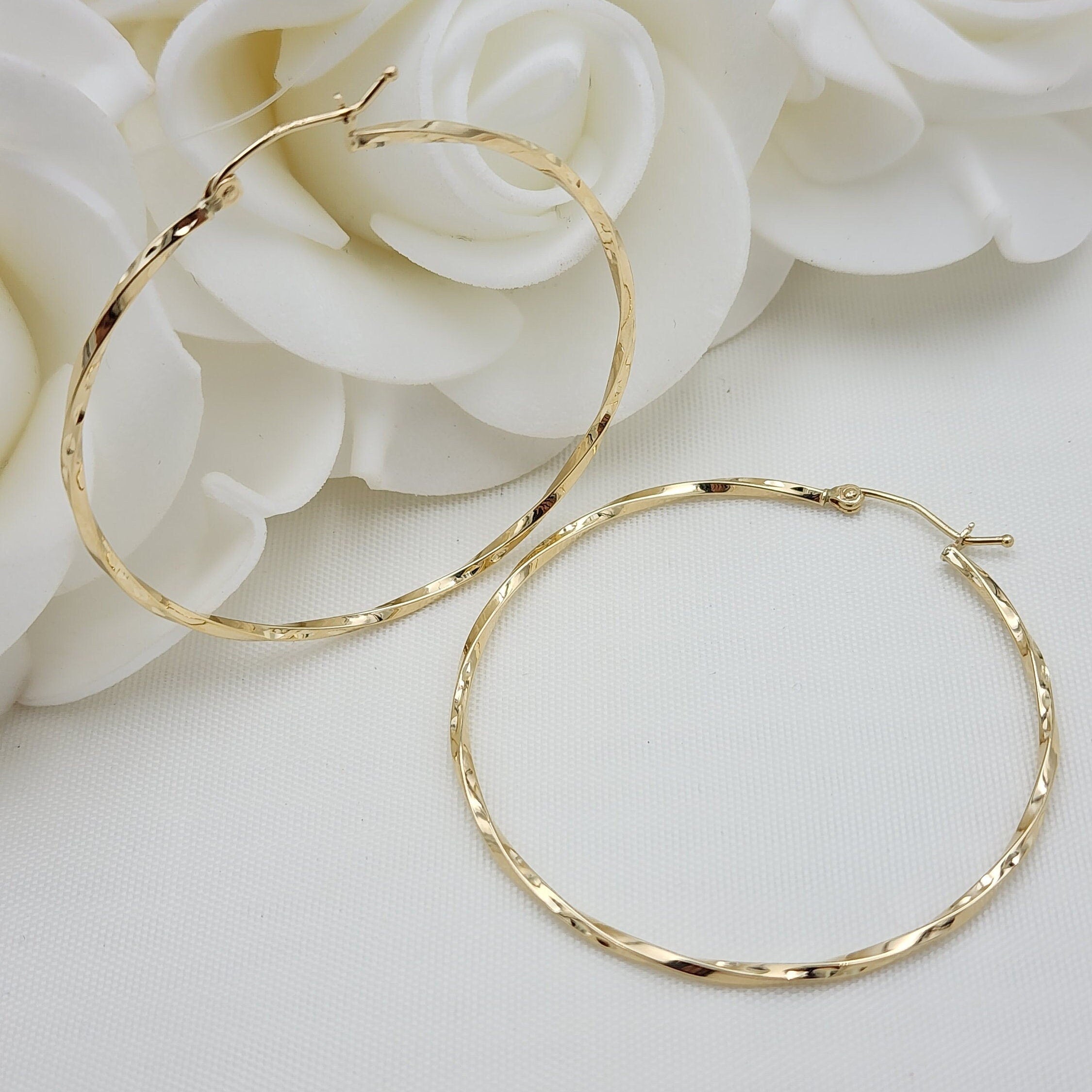 Large Twisted 14k Gold Hoop Earrings - 45MM- Unique and Versatile - For Everyday - Shiny