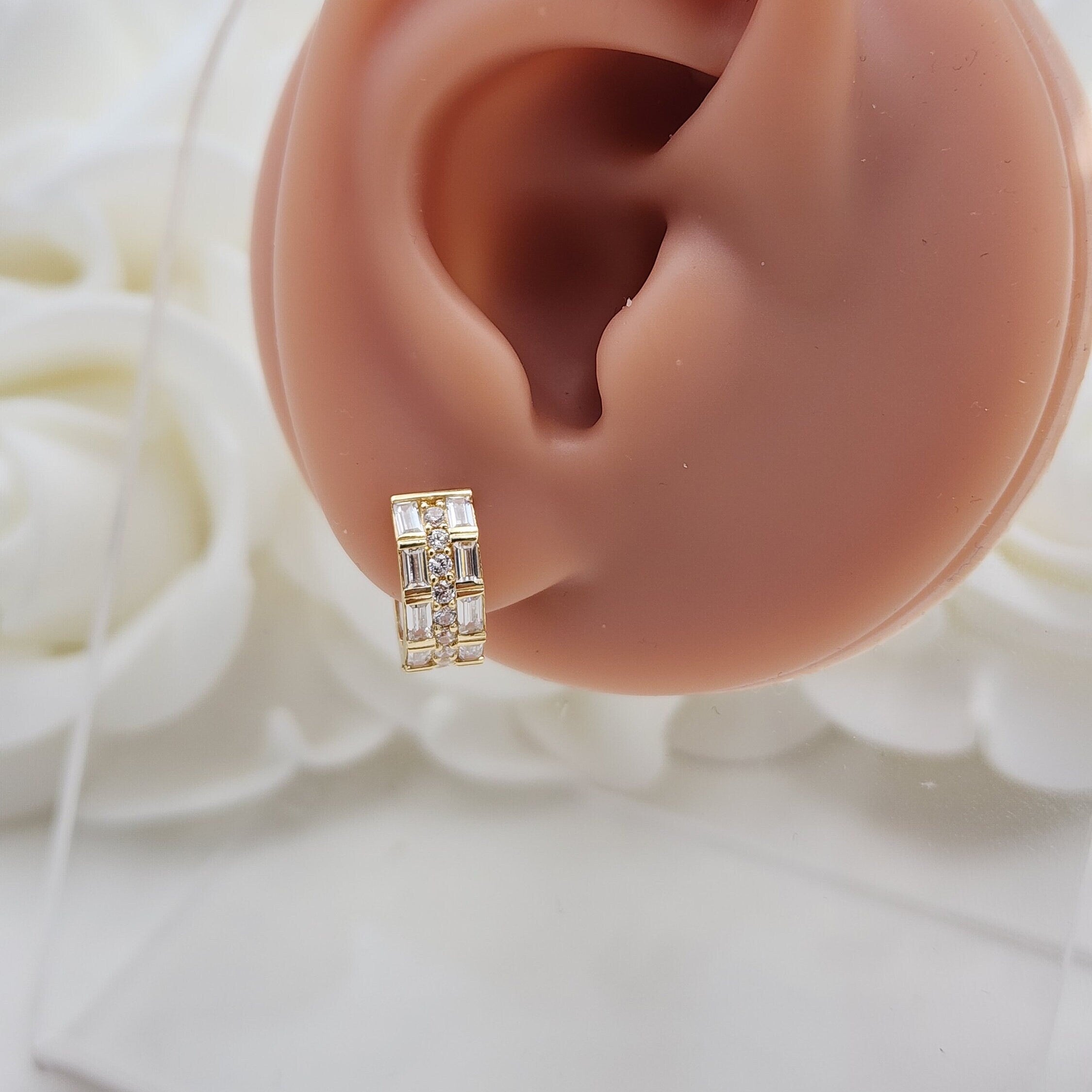 14k Baguette And Round CZ Huggies Earrings