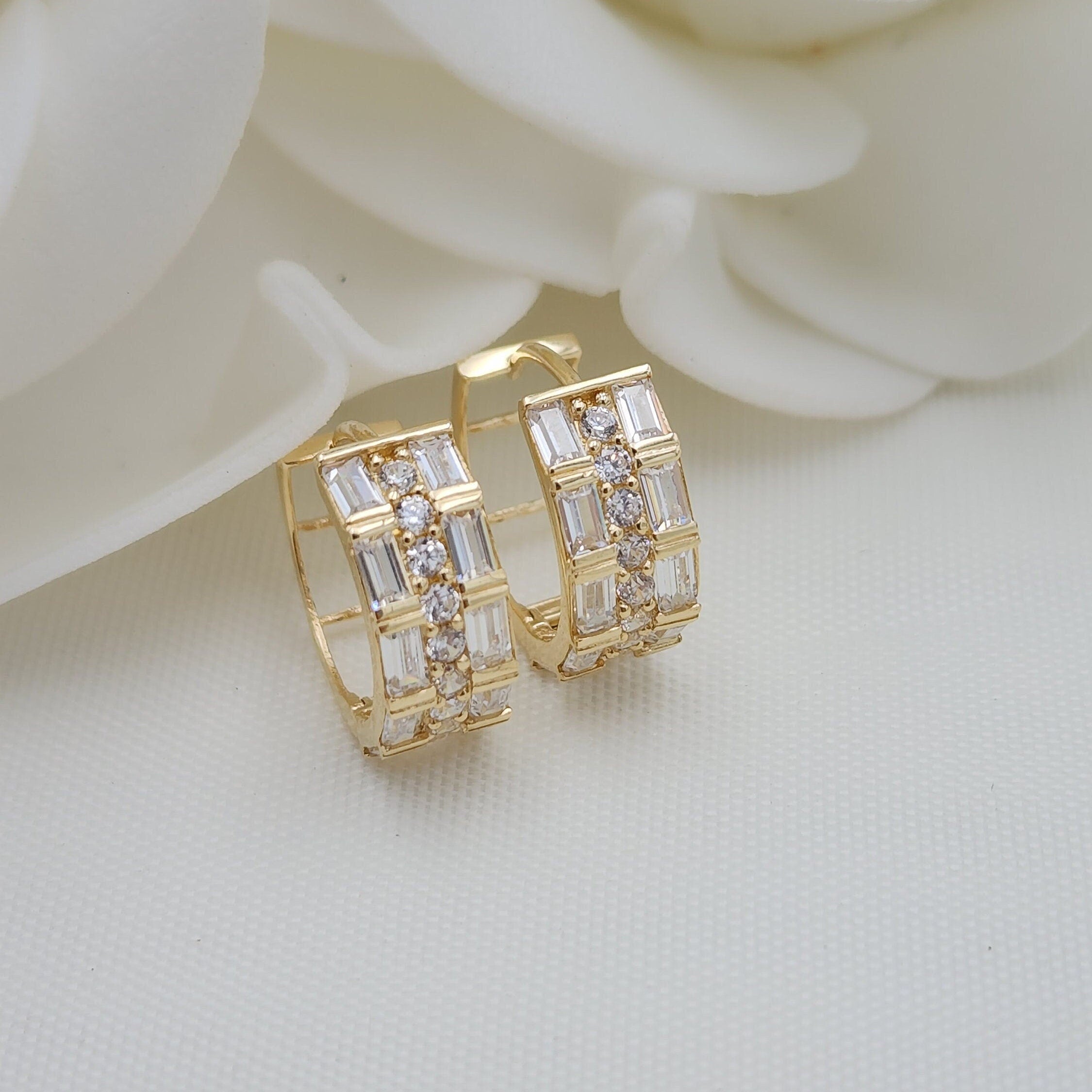 14k Baguette And Round CZ Huggies Earrings