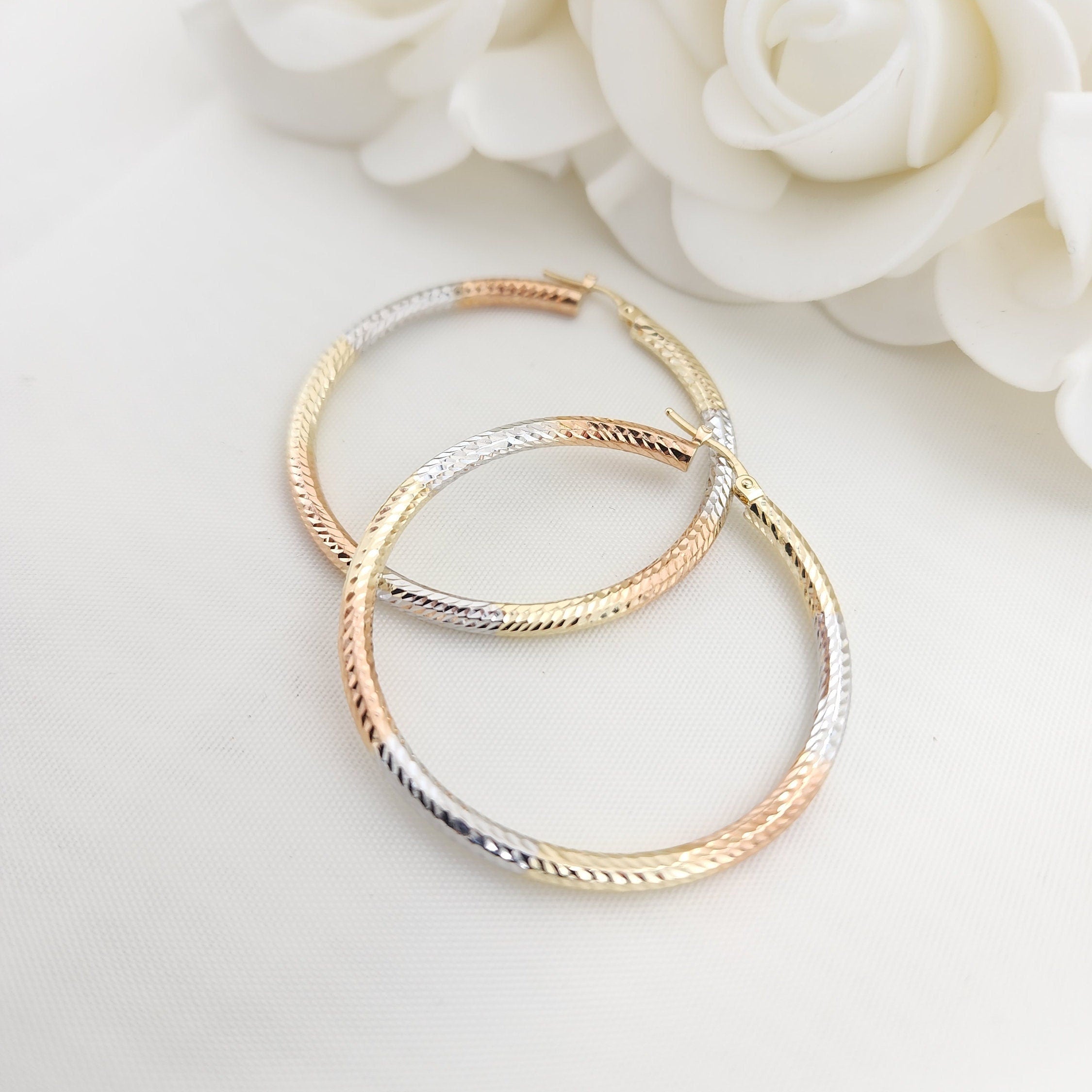 45mm 3 Tones 14k Gold Hoop Earrings - 3mm Thick - For Her - White, yellow and rose Gold