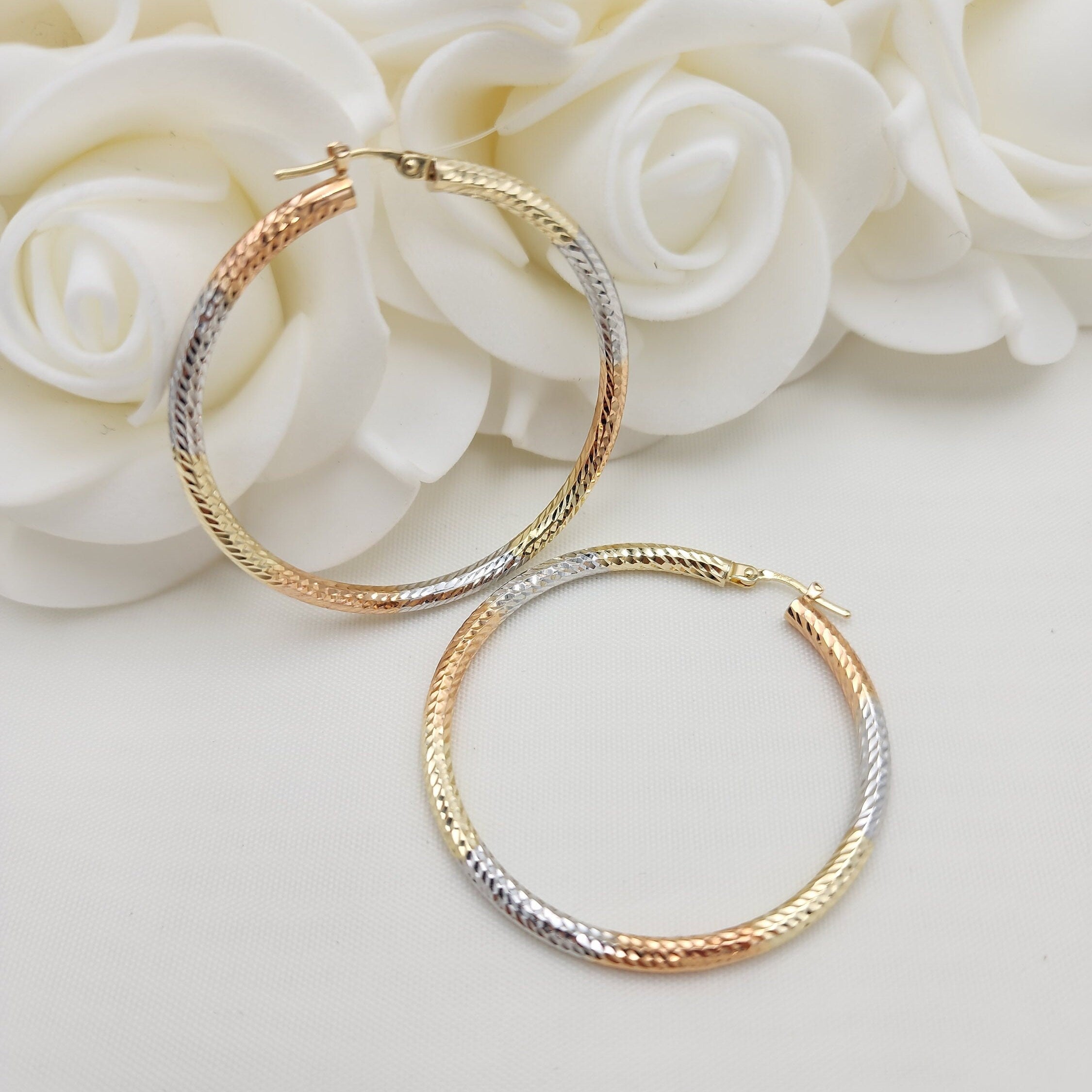 45mm 3 Tones 14k Gold Hoop Earrings - 3mm Thick - For Her - White, yellow and rose Gold